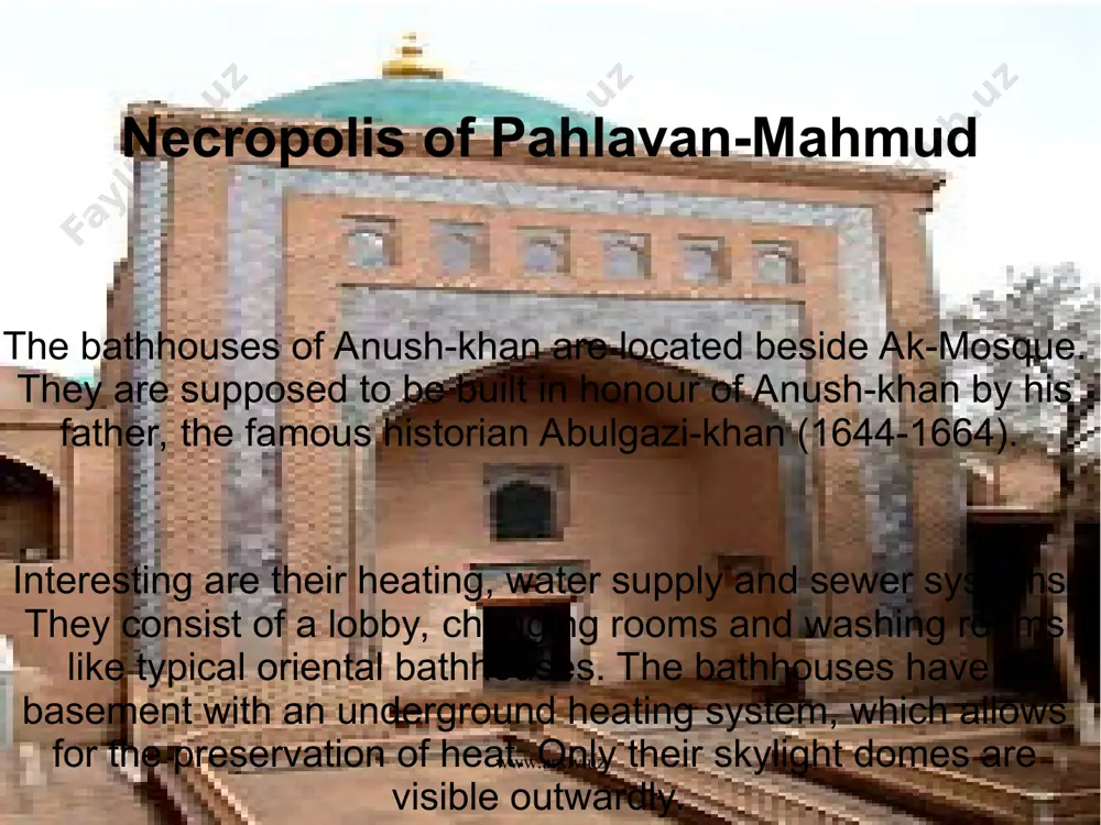 ace by historians there were found evidences of powerful cultural stratifications. there are assumptions that in time here in the territory in 1 hectare there was a construction which served subsequently as the beginning of the basis for khiva city. madrasah muhammad aminkhan is located to the south from kukhne ark. this construction is situated in historical part of ichan - kala, that is the biggest madrasah not only khiva, but in all central asia. the madrasah represents a two-storeyed building which is set on area of 60 on 72 meters. there available 125 hudjras – cells which are calculated on 260 students in the building. kukhne ark www.arxiv.uz www.arxiv.uz * dishan-kala at the beginning of the twentieth century a hospital was built in dishan-kala. its construction was evidence of the new care for the people's health taken by the khiva khan. whereas previously, the people saw only ta-bibs, here …