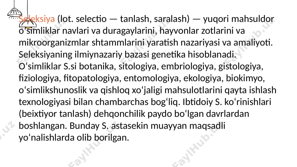 tlari sut sog‘imi miqdori, sutdagi yog‘ va oqsil foizi, tirik vazni va boshqa xususiyatlar bilan xarakterlanadi. mikroorganizmlar shtammlari ham u yoki bu vitaminlar, aminokislotalar mahsulotining ma’lum darajasiga, oziqa muhit tarkibiga, haroratga bo‘lgan aniq talablarga ega. tanlash uchun o'zgaruvchanlik manbalari boshlang‘ich materialning o‘zgaruvchanligi o'simliklaming yangi navlari, hayvonlaming zotlari va mikroorganizmlaming shtammlarini yaratishning asosi hisoblanadi. bunda kombinativ va mutatsion o‘zgamvchanliklar, shu jumladan, poliploidiya ham muhim ahamiyatga ega. seleksiyada poliploidiyadan foydalanish madaniy o‘simliklar seleksiyasida muhim ahamiyatga ega bo‘lgan poliploidiya metodi o‘simliklar seleksiyasi uchun o‘zgaruvchanlikning qimmatli manbayi hisoblanadi. poliploidiya mohiyatini bilmagan ravishda mahalliy seleksiya bu hodisadan bug‘doy, g‘o‘za, kartoshka va boshqa ekinlami yaratishda o‘zgaruvchanlik manbayi sifatida keng foydalangan. seleksiyada avtopoliploidiyadan foydalanish. avtopoliploidiya hodisasining mohiyati ilgari qayd qilganimizdek, xromosomalar to‘plamlarining martaga ko‘payishi natijasida hujayralar va bundan kelib chiqqan holda butun o‘simlikning ko‘lami, vazni ortishidan iborat. poliploid formalarni olishda kolxisindan foydalanish ancha samara beradi. diploid sonli xromosomalarning ikki marta ko‘payishi natijasida tetraploid songa olib kelishi odatda …