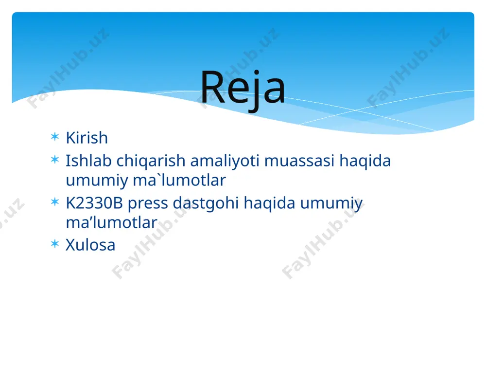 en malakaviy amaliyotni andijon viloyatida joylashgan mashinostroitel andijon xususiy korxonasida olib bordim ushbu korxona 2008-yil prezident i.karimovning «avtomobil butlovchi qismlarini maxalliylashtirish» chora-tadbirlariga asosan tashkil etilgan.korxona avvalda 2012-yilgacha komunar 2003 korxonasi binosida ijara asosida faoliyat yuritgan.2012-yilda korxona yangi bino qurib o`z faoliyatini davom etgan.korxona quyidagi korxonalar bilan shartnoma asosida faoliyat yuritadi:uz tong xong ,uzsaemyung,uz dong vong, uzauto austem. ishlab chiqarish amaliyoti muassasi haqida umumiy ma`lumotlar korxonada jami 38 nafar xodim faoliyat yuritadi. press dastgohlari soni-17ta shulardan 100 tonnalik-6 ta 63 tonnalik-3 ta 250 tonnalik-2 ta 160 tonnalik-5 ta 400 tonnalik-1 ta tokarlik dastgohi-8 ta parmalash dastgohi-5ta sayqallash dastgohi-1ta payvandlash aparati-4ta kontaktli payvandlash-1ta ko`prikli kran3tonnalik-4ta kesish dastgohi-1ta korxonadagi boshqa uskunalar soni: k2330b presslash stanogining xarakteristikalari k2330b press stanogining koʻrinishi k2330b press stanogining sxematik tuzilishi k2330b press dastgohining elektr sxemasi k2330b bitta tirsakli press dastgohi ishlab chiqaruvchisi haqida ma’lumot ke2330 bitta krankli press ishlab chiqaruvchisi v.i. nomidagi voronej zarb va presslash uskunalari zavodidir. …