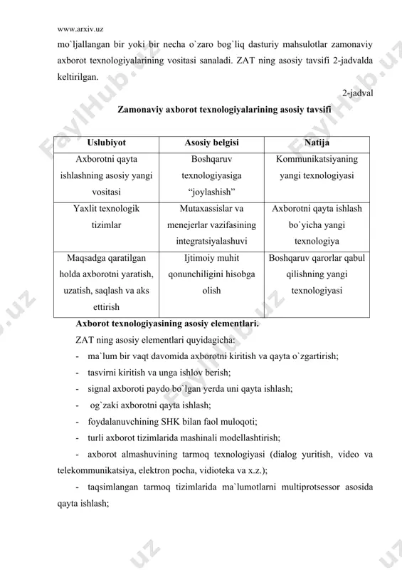 iyasi o`rniga xix asr oxirida “mexanik” texnologiya kirib keldi. yozuv mashinasi, telefon, diktafonning kashf etilishi, jamoa pochtasi tizimining takomillashuvi – bular bari avvaliga axborotni qayta ishlash texnologiyasida, so`ng ish mahsuldorligida sezilarli o`zgarishlar yuz berishiga zamin bo`ldi. xx asrning 40 - 60–yillarida “elektr” texnologiyasi paydo bo`lib, u yechib almashtiriladigan elementlarga ega elektr yozuv mashinkalari, oddiy qog`ozdan foydalanuvchi nusxa ko`chirish mashinasi, portativ diktafonlardan iborat edi. 60-yillarning ikkinchi yarmidan esa “elektron (yoki kompyuter)” texnologiyasi yuzaga kela boshladi va axborotni shaklini emas, mazmunini o`zgartirishga urg`u berila boshlandi. axborot texnologiyasining keyingi taraqqiyoti asosan kommunikatsiya vositalari bilan bog`liq. xorijiy mutaxassislar axborot texnologiyalari rivojlanishiing beshta asosiy tendensiyasini ajratib ko`rsatadi: 1. axborot mahsulotlarining murakkablashuvi. axborot vositasi ko`rinishidagi axborot mahsuloti, ekspert ta`minoti txizmatining ma`lumotlar bazasi stategik ahamiyat kasb eta boradi. turli shakldagi (nutq, ma`lumot, tasvir) axborot mahsulotlari eshitish, ko`rish va anglash uchun foydalanuvchining talabiga ko`ra ishlab chiqiladi hamda unga qulay vaqtda va shaklda mahsulotni yetkazib berish vositasi mavjud bo`ladi. …