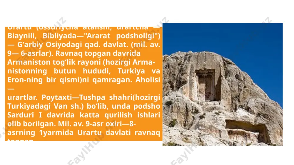 o`yilib, usti juda ham yupqa qilib ishlangan taxta-taxta oltin bilan qoplan- gan, bu esa bronzadan yasalgan haykalcha-ning tuzilishiga juda moe kelgan; uning hamma naqshlari aniq va rangbarang bo`lib tovlanib turgan. bu haykalchaning oq toshdan ishlan-gan yuza qismi va quyma qosh-ko`zi hamda qanotlarning qizil bo`yoq yuritilgan botiq erlari kishida juda ravshan taassurot qrldir- gan. metalldan buyumlar yasash plastikasida urartu yaratgan bunday ajoyib va ifodali asarlar qadimgi sharq xalqlari san`atida alohida muhim o`rinni egallaydi. mil.av. 8-asr oʻrtasida ossuriya podshosi tiglatpalasar iii (mil. av. 745—727) urartu koʻshinlarini bir necha marta magʻlubiyatga uchratgan va urartu tarkibiga kiruvchi shimoliy mesopotamiya va shimoliy suriyani egallagan. soʻngra rusa i davrida sargon ii boshliq ossuriya qoʻshinining yurishlari natijasida mamlakat xo-navayron boʻlgan. biroq 7-asrda u. janubiy zakavkazyeda hali ham oʻz mavqeini saklab qolgan edi. rusa ii (mil. av. 685—645) bu yerda yangi qalʼalar bunyod etgan (jumladan, teyshebaini va boshqalar). skifkimmeriy yollanma qoʻshini yordami-da urartu podsholari frigiya podsholigini tormor qilgan- …