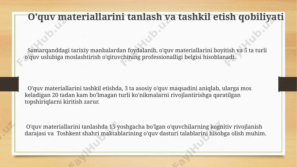 n tashkil topgan guruhda fanlararo loyiha bajarish jarayonida 3 bosqichda kuzatilishi mumkin. jamoada ishlashda samarali muloqot, 5 kishidan iborat guruhda 2 ta loyihani muvaffaqiyatli bajarish orqali, masalan, toshkentdagi maktabda amaliy tajriba orqali namoyon bo'ladi. pedagogik kuzatuv va tahlil qilish qobiliyati kuzatuv jarayonida kamida 10 ta o'quvchi tanlanib, ularning faoliyati 2 hafta davomida kuzatiladi va 5 ball shkalasi bo'yicha baholanadi, keyin esa natijalar toshkent shahridagi konferensiyada taqdim etiladi. pedagogik tahlil qobiliyati, masalan, 20 talik sinfning 15 foizining matematika bo'yicha past natijalarini aniqlash va bu sabablarni 3 ta mumkin bo'lgan omil (o'qituvchining uslubi, oilaviy muhit, o'quv materiallari) orqali tahlil qilishni nazarda tutadi. pedagogik kuzatuv va tahlil qilish qobiliyati o'quvchilarning 3 ta asosiy o'rganish uslubini (vizual, auditoriy, kinestetik) aniqlash va ularga moslashgan 5 xil o'qitish strategiyalaridan foydalanishni o'z ichiga oladi. bu samarqanddagi maktablarda keng qo'llaniladi. axborot-kommunikatsiya texnologiyalaridan foydalanish qobiliyati toshkent shahridagi oliy o'quv yurtlarida o'qituvchilarning 80% i akt vositalaridan, jumladan, onlayn testlar va …