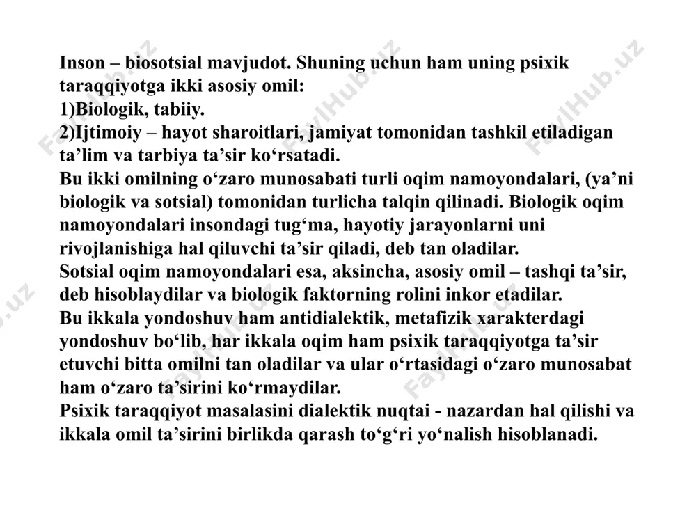 arashga ko‘ra, jamiyat va tabiatdagi har qanday harakat singari rivojlanish, taraqqiyot ham ichki qarama-qarshiliklar kurashidan iborat. har bir insonning, shu jumladan butun jamiyatning rivojlanish jarayonida eski shakl, g‘oya, odat, qiziqishlar o‘zgaradi, ularning o‘rniga keluvchi yangi g‘oya, odat, qiziqishlar ta’sirida qayta tuziladi. demak, bu erda eskilik bilan yangilik o‘rtasida kurash ketadi. shunday qilib, rivojlanish jarayonida yangi bosqich boshlanadi. bundan tashqari, dialektik qonsepsiya taraqqiyot deganda faqat miqdor o‘zgarishlarni emas, sifat jihatdan yangi forma va xususiyat, sifatlarining vujudga kelishini tushunadi. ong rivojlanish jarayonida bola tomonidan voqelikni ideal ravishda aks ettirish mexanizmlari, struktura va mazmuni o‘zgaradi. bu ayniqsa, bola aqliy faoliyati xususiyatlarining o‘zgarishida namoyon bo‘ladi. ong rivojlanishining muhim ko‘rsatkichi, o‘z-o‘zini, o‘zining “men”ini anglashdir. o‘zining “men” ini anglash bola shaxsi rivojlanishining turli tomonlarini xarakterlovchi asosiy mexanizmlardir. bola psixik rivojlanishining harakatlantiruvchi kuchlari haqidagi masala ham eng muhim masalalardan biridir. 2.2. psixik taraqqiyot va ta’lim o‘rtasidagi o‘zaro munosabat bolalarning psixik jihatdan o‘sishida ta’lim va tarbiya g‘oyatda muhim …