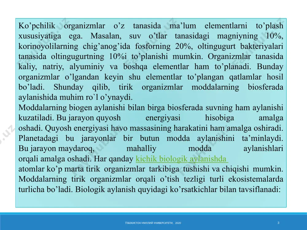 adigan bakteriyalar asosan tsellyulozaga yopishadi, kraxmal yordamida - kraxmalda, oksidlovchi oltingugurt - uning kristallarida yoki tomchilarida. uglevodorodlardan foydalanadigan mikroblar ham ularga tanlab yopishadi, tugun bakteriyalari va fitopatogen mikroorganizmlar esa mezbon o'simliklarning ildizlariga tanlab yopishadi. odatda mikroorganizmlar rivojlanishning turli bosqichlarida turlicha yopishadi. ularning erkin holatda bo'lgan bosqichlari va biriktirilgan turmush tarzini olib boradigan bosqichlari mavjud. ba'zi mikroblar dam olish bosqichida yopishgan holatga o'tishadi, boshqalari, aksincha, faol holatga yopishadilar va dam olish bosqichlarida ular erkin holatda bo'lishlari mumkin. 10 barcha holatlarda biriktirma ma'lum bir substrat-fermentativ o'zaro ta'sir tufayli amalga oshiriladi deb taxmin qilinadi. ba'zi hollarda, adezyon va aktseptorning o'ziga xos kimyoviy o'zaro ta'siri tufayli yopishish paydo bo'ladi va yopishqoqlik uchun javobgar bo'lgan maxsus kimyoviy guruhlar yaratilgan. bu patogen bakteriyalarni ichak traktining epiteliysiga yopishishi uchun batafsilroq o'rganilgan, shuningdek, dukkakli o'simliklarning ildizlariga fitopatogenlar va simbiyotik tugun bakteriyalarining yopishishiga ham tegishli. 11 bakteriyalar hujayralari (1), kationlar (2), substratlar (3), ekzofermentlar va boshqa biologik faol moddalar …