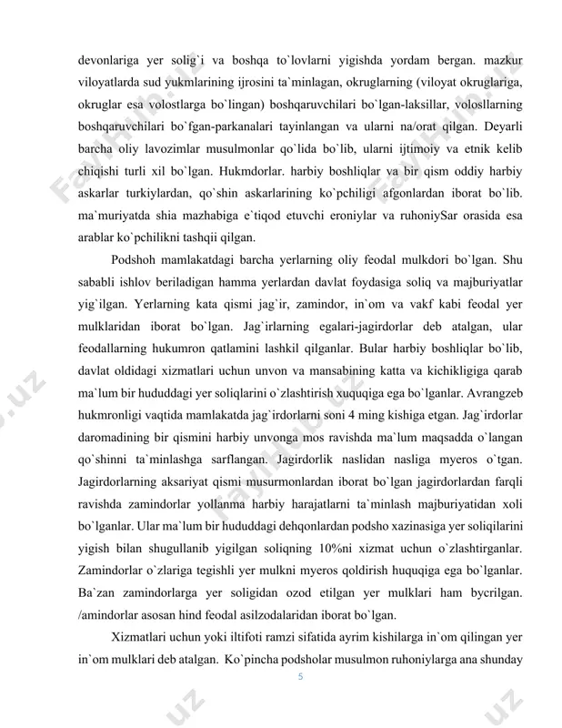 rida qoldirilgan in`om yerlari ham nasldan-naslga myeros o`lgan. vakf yerlari bu musulmon dini masalalariga tegishli yer mulklari bo`lib ulardan olinadigan daromad machil va madrasa va bokazolar ta`minotiga ishlalilgan. hindistonning so`ngi o`rta asr va mustamlaka davriga agrar tizimning ijtimoiy iqtisodiy asosini qishloq jamoaasi tashkil qilar edi. yerga jamoaa bo`lib egalik qilish jamoaa ichida dehqonchilik bilan hunarmandchilik uygunlashivi jamoa doirasida mehnatni o`zaro taksimlashini dehqonchilik va hunarmandchilik kabi ishlab chiqarshi sohalarini bir biridan mustaqilfigi va ularni tovar almashuvidagi o`zaro munosabati, asosan, natural soliqlarni olishi turli ko`rinishlagi kasta jamoalarini mavjudligi, jamoa nazorati ostidagi xizmat kursatish va hunarmandchilik tizimini biqiqligi bu hind qishlog`i jamoasini asosiy belgilari edi. hind qishloq jamoalarining ijtimoiy tarkibi bir xil emas edi. ularning har birida turli huquq va rnajburiyatlarga ega bo`lgan eng kamida 3 xil toifadagi aholii mavjud bo`lgan ularning orqasida oila toifani jamoa yycrlari va boshqa mulklarga egalik qilgan oilalar guruhi tashkil qilgan. teng huquqli jamoachi oilalarni har biri me`ros …