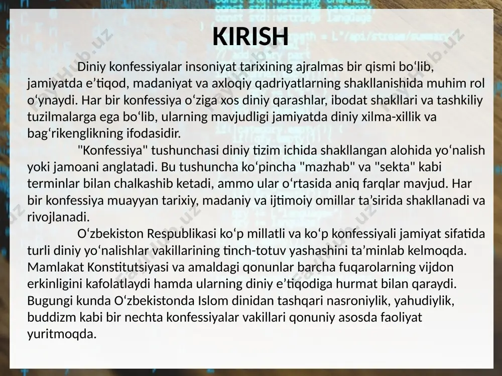 konfessiya va sekta farqi: sekta — bu ko‘pincha asosiy diniy oqimdan ajralib chiqqan, kichikroq guruh bo‘lib, o‘zining qattiq belgilangan, odatda radikal qarashlariga ega bo‘ladi. sekta ijtimoiy jihatdan yopiq, o‘ziga xos marosim va boshqaruv usullariga ega bo‘lishi mumkin. aksincha, konfessiya keng omma tomonidan tan olingan, qonuniy faoliyat yurituvchi va tarixan shakllangan diniy yo‘nalishdir. konfessiya va mazhab farqi: mazhab odatda bir din ichidagi fiqhiy yoki diniy-huquqiy maktab sifatida ko‘riladi (masalan, islomda hanafiylik, shofi’iylik, molikiylik, hanbaliylik). mazhablar asosan ibodat, muomalat va shar’iy hukmlar bo‘yicha tafsiliy farqlarga ega. konfessiya esa diniy yo‘nalish sifatida e’tiqodiy (dogmatik) jihatdan farqlanadi va ko‘pincha alohida diniy tashkilotga ega bo‘ladi. konfessiyalarning tasnifi va turlari asosiy dinlar doirasidagi konfessiyalar (islom, xristianlik, buddizm va boshqalar) dunyo dinlari ko‘p qirrali bo‘lib, ularning har biri ichida turli konfessiyalar yoki yo‘nalishlar mavjud. bu konfessiyalar bir din asosida shakllangan bo‘lsa-da, e’tiqod, marosim va diniy amaliyotlarda farq qiladi. quyida asosiy dinlar doirasidagi yirik konfessiyalar keltiriladi: islom dini: …