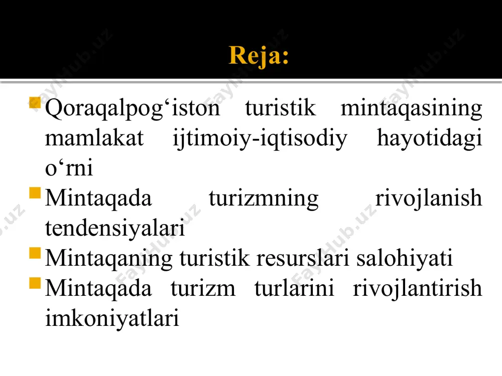 orolning qurilgan, ham uning ta’sirida turgan orol atrofi hududlarini qamrab olishi zarur. ekoturlar trekking (piyoda) yoki tuya va otlarda, samolyot va vertolyotlar orqali ham amalga oshirish lozim. u masofadan turib katta va tekis maydonni yuqoridan turib vizual kuzatish imkoniyatini beradi. orol dengizining shimoliy g’arbiy qismida joylashgan va kundan kunga kattalashib borayotgan borsakelmas oroli insonlarni atrof-tabiiy muhitga salbiy ta’sirini aks ettiruvchi ekoturistik obyektdir. unda qozog’iston respublikasi borsakelmas qo’riqxonasi tashkil qilgan. amudaryoning o’zaniga yaqin har ikkala sohillarida to’qayzorlar mavjud bo’lib, ular ekoturlar uchun juda qiziqarli noyob landshaft ko’rinishlardan bo’lib hisoblanadi. quyi amudaryoning o’ng sohilida to’qay langshaftidagi qushlar va hayvonlarni muhofaza qilish uchun badayto’qay qo’riqxonasi tashkil etilgan. unga ma’rifiy-ma’naviy maqsadda tashrif buyurishni uyushtirish mumkin. ornita faunani saqlash uchun xorazm buyurtmaxonasi tashkil etilgan. bulardan tashqari qizilqumning g’arbiy qismida, amudaryoning o’ng qirg’og’ida, kembriy va kembriygacha burmalangan tog’ jinslari ochilmalaridan iborat, balandligi 485 metrlik sulton uvays tog’lariga ekoturlar uyushtirish mumkin. amudaryo rayonida o’zbekistonning ko’hna shaharlaridan biri …