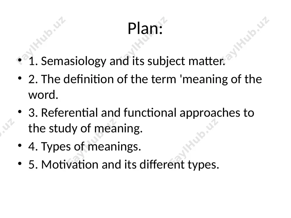 meaning is not identical with the referent, there a rewords which do not denote a referent, ex. angel. besides one and the same referent may be denoted by different words. ex. synonyms. but the sound form of the word is not identical with its meaning. ex homonyms, ex.. spring-бaҳор, spring булоқ. besides a change in the sound-form do not affect its meaning. ex. in o. e. lufian -mod.e love. the referential approach our concept is abstract aim is connected with the referent but they are not identical. the meanings of words are different in different languages. ex. the concept of «a building for human habitation» is expressed in english by the words “house”, in russian by “дом”, in uzbek by “ уй”. but the english word «house» does not possess the meaning of «fixed residence of family» (оила яшайдиган жой; место где семьи обитает) which is one of the meanings …