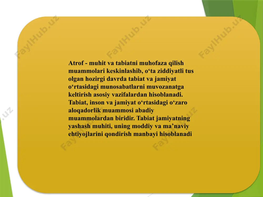 -850) 847- yilda “kitob sur’at al-arz” nomli asarini yozdi. unda dunyo okeanlari, quruqlikdagi materiklar, qutblar, ekvatorlar, cho‘llar, tog‘lar, daryo va dengizlar, ko‘llar, o‘rmonlar hamda undagi o‘simlik va hayvonot dunyosi, shuningdek, boshqa tabiiy resurslar – yerning asosiy boyliklari haqida ma’lumotlar keltirilgan. o‘rta osiyo xalqlari ijtimoiy-falsafiy fikrining eng yirik va mashhur vakillaridan abu nasr forobiyning (870-910) ilmiyfalsafiy merosi nihoyatda boy. uning asarlarida tabiatshunoslik ilmi, ilmiy-amaliy faoliyat va hunarmandchilik masalalari yoritilgan. 14 beruniy “saydana” nomli asarida 1116 tur dori-darmonlarni tavsiflagan. ularning 750 tasi turli o‘simliklar, 101 tasi hayvonlar, 107 tasi esa minerallardan olinishi bayon etilgan. abu ali ibn sino (980-1037) jahon madaniyatiga yuksak hissa qo‘shgan olimlardan biridir. uning 450 tadan ortiq asarlari ma’lum. bizgacha ulardan 240 tasi yetib kelgan. ibn sino asarlari orasida “tib qonunlari” shoh asari tibbiyot ilmi tarqalishining oliy cho‘qqisi hisoblanadi. kishi organizmiga tashqi muhit ta’sirini bilgan alloma ayrim kasalliklar suv va havo orqali tarqalishi haqida fikr bayon etgan. ya’ni u …