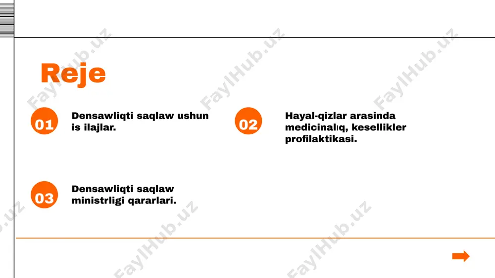 ámeliy medicina orayın (keyingi orınlarda - oray); aymaqlıq perinatal, xalıqtıń reproduktivlik salamatlıǵı hám "ana hám bala skrining" orayları negizinde oraydıń 14 aymaqlıq filialların shólkemlestiriw haqqındaǵı usınıslarına kelisim berilsin. 2.analar salamatlıǵın qorǵawdıń tómendegilerdi názerde tutıwshı jetilistirilgen medicinalıq profilaktika hám patronaj sisteması engizilsin: a)baslanǵısh medicinalıq-sanitariyalıq járdem mákemelerinde "medicinalıq brigadalar": photo by matthew tenbruggencate on unsplash hayal-qizlar arasinda medicinalıq, kesellikler profilaktikasi. ózlerine biriktirilgen aymaqlarda hámiledar hayallardı anıqlaydı, olardıń esapqa alınıwı hám dáwirlik medicinalıq tekseriwden ótiwin shólkemlestiredi; rayon (qala) lıq kóp tarmaqlı oraylıq poliklinikalarınıń "hayal-qızlar másláhátxanası" bólimi menen birgelikte hámiledar hayal-qızlardıń jaǵdayın turaqlı monitoring etip baradı hám qáwip faktorları anıqlanǵan jaǵdayda oraydıń aymaqlıq filiallarına jiberedi; tuwıwdan keyingi dáwirde ana hám balanıń dáwirlik patronajın alıp baradı hám de qáletilmegen hámiledarlıqtıń aldın alıw ilajların kóredi; reproduktiv jastaǵı xalıq hám hámiledar hayal-qızlar arasında medicinalıq mádeniyat, kesellikler profilaktikası hám salamat shańaraqtı rejelestiriw boyınsha úgit-násiyatlaw jumısların alıp baradı; b) oraydıń qaraqalpaqstan respublikası, wálayatlar hám tashkent qalasındaǵı aymaqlıq filialları: qáwip …