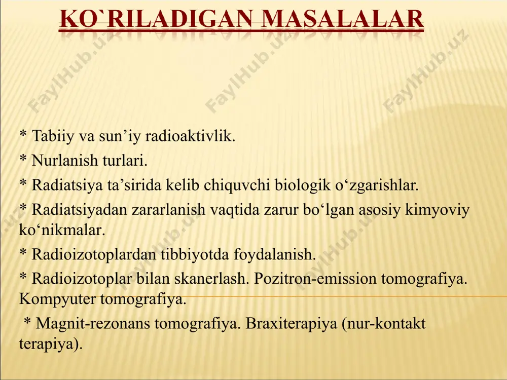 assislikni o’qib o’zlashtirib, bemorlarni ko’rikdan o’tkazish uchun kompyuter tomografiya (kt), magnit-rezonansli tomografiya (mrt), magnit-ko’p qavatli kompyuter tomografiya (mskt), pozitron-emission tomografiya (pet) va boshqa usullarni qollashadi. texnolog-radiologlarning vazifasi bu tekshiruvlarini o’tkazishdan avval bemorni tayorlash, bu usullarni foydali va zararli taraflari bilan tanishtirish va ckaner apparatida o’zini qanday tutish kerakligini tushintirishdan iborat. patsient organizmiga texnetsiy-99m, iod-131 va galliy-67 kabi radioktiv indicatorlar yuboriladi. ulardan gamma-nurlar agralib, detector bilan yutiladi va buyrak yoki qalqonsimon bez shakllarini hosil qilish yoki yurak mushaklariga qon yetib borishini kuzatish uchun ishlatiladi. shuningdek texnolog-radiologlar radiatsiyaning shikastlovchi ta’sirini cheklantirish, radiatsiyani patsientlar va o’zlarining organizmlariga ko’rsatadigan ta’siri haqida ogoh bo’lishlari kerak. shuningdek bemor ichiga qabul qilishi kerak bo’lgan contrast modda eritmasini tayyorlashni, hisob-kitob ishini yuritishni va texnik asboblarni ishlatishni bilishlari lozim. radiatsiyaning biologik ta'siri radiatsiya, o'tish yo'lida molekulalar bilan to'qnashib, ulardan elektron otilib chiqadi va beqaror ionlar hosil bo'ladi. agar shu ionlantiruvchi nurlanish odam tanasi orqali o'tsa, u suv molekulalari bilan …