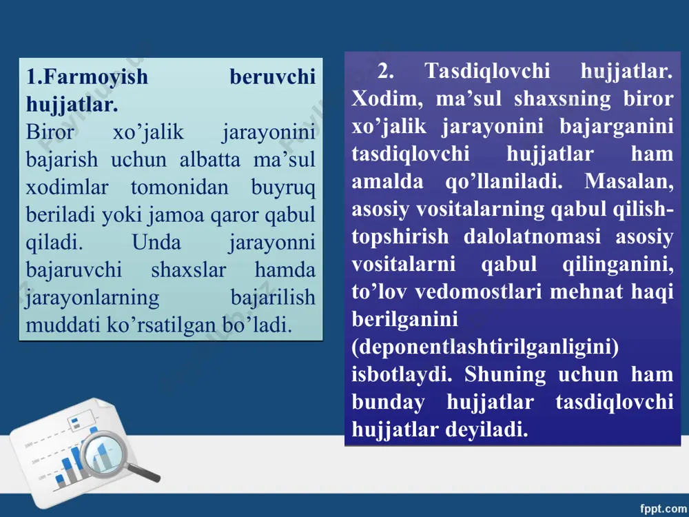 ing tashkil topish manba­larining harakatini hisobga olish ishlarini osonlashtirish va ulardan to’g’ri foydalanishni nazorat qilishda ham qo’l keladi. schyotlar ikkiga ajratiladi: aktiv schyotlar — xo’jalik mablag’larini aks ettiruvchi schyotlar. passiv schyotlar — xo’jalik mablag’larini tashkil topish manbalarini aks ettiruvchi schyotlar. dt dt kt kt aktiv passiv + + - - vazifasiga (tayinlanishi) ko’ra schyotlar quyidagicha guruhlanadi: 1. asosiy schyotlar. 2. tartibga soluvchi schyotlar. 3. taqsimlovchi schyotlar. 4. kalkulatsiya schyotlari. 5. taqqoslovchi schyotlar. xo’jalik yurituvchi subyektlar qaysi tarmoqqa qarashliligidan va unda qanday xo’jalik jarayoni ro’y berishidan qat’iy nazar har doim ikki va undan ortiq xo’jalik mablag’i yoki ularning tashkil topish manbalari ishtirok etadi. shuning uchun ham xo’jalik jarayonlarini schyotlarda aks ettirishda ikki yoki undan ortiq schyotlardan foydalaniladi. xo’jalik yurituvchi subyektlarda sodir bo’layotgan xo’jalik jarayonlari tufayli mablag’lar va ularning tashkil topish manbalari bir-biri bilan bog’lanadi va natijada ular uchun mo’ljallangan buxgalteriya hisobi schyotlari ham bir-biri bilan bog’lanadi (bu bog’lanish «schyotlar korrespondentsiyasi» deyiladi). …