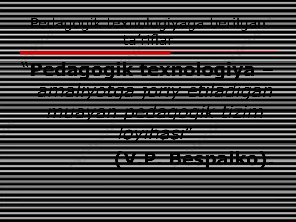 - sub’ekt sifatida qaraladi. birgalikda ta’lim jarayoni tashkil etiladi va birgalikda ijod etiladi. erkin tarbiya texnologiyasi. talabaga tanlash, mustaqillik erkinligi beriladi. talaba o`zi tanlagan vosita va mazmunni to`liq qabul qiladi hamda bu faoliyatni xohish bilan bajaradi. ichki ehtiyoj bilan uyg`unlik hosil bo`ladi. ezoterik texnologiya. ezoterik bilimlar (ongdan tashqari) qonuniyatlarni o`rganish orqali haqiqatga yaqinlashish nazarda tutiladi. maqsadi vazifasi faol shaxslarni tarbiyalash talabalarni faol bilish jarayoniga undash tafakkurida ilmiy tadqiqot uslubini shaklantirish talabalarni mustaqil fikrlashga o`rgatish ijodiy fikrni rivojlantirish muammolarning yechimini topish malaka va ko`nikmalarini shakllantirish muammoli o`qitish maqsad va vazifalari o`qituvchi talaba muammoli vaziyatni yaratadi mantiqiy fikrlash ketma-ketligini tashkil etadi tadqiqot faoliyati qonuniyatlarini shakllantirish orqali bilish faoliyatini jonlantiradi muammoli vaziyatni tahlil qiladi umumlashtirish, intellektual mashaqqatlarni hal qilish va xulosa chiqarish orqali bilishga bo`lgan qiziqishni qondiradi muammoli o`qitishda faoliyat taqsimoti talabaning bilish faoliyatiga boshchilik qilish bilan belgilanadi, ya’ni qiziqtirishi, mustaqil ishga rahbarlik qiladi, kerakli jihoz va materiallar, axborotlar bilan ta’minlaydi. talabalar aqliy …
