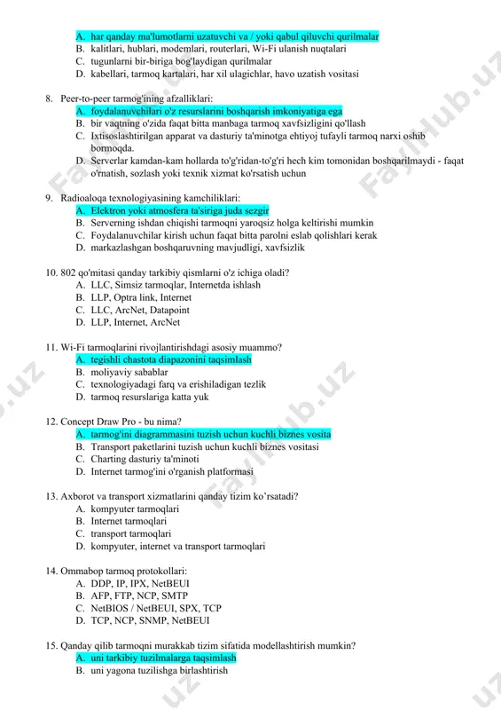 unchalarini sanab o'tadigan javobni ayting: a. o'ralgan juftlik kabeli, koaksiyal kabel, optik tolali kabel, raqamli kanal, havo b. netbios / netbeui, spx, tcp c. tarmoq manzillari, routerlar, internetda ishlash d. tcp, ncp, snmp 6. tarmoq adapterining ta'rifi ko'rsatilgan to'g'ri javobni toping: a. tarmoq adapteri (network interface card, nic) - bu to'g'ridan-to'g'ri yoki boshqa aloqa uskunalari orqali uni boshqa kompyuterlar bilan bog'laydigan ma'lumotlarni uzatish vositasi bilan bevosita o'zaro aloqada bo'lgan kompyuterning periferik qurilmasi. b. yulduzli tarmoq konfiguratsiyasida ulanish va bog'lanish chizig'ining markaziy nuqtasi bo'lib xizmat qiladigan, osi tarmog'i modelining fizik pog’onaida ishlaydigan tarmoq qurilmasi. c. tarmoq modelining tarmoq darajasida ishlaydigan va ikki yoki undan ortiq tarmoq segmentlarini (yoki pastki tarmoqlarini) bog'lashi mumkin bo'lgan tarmoq aloqa moslamasi. d. tarmoq adapteri (network interface card, nic) kompyuterlarni uzukka ketma-ket birlashtirishga imkon beradi, uzukdagi ma'lumotlar har doim faqat bitta yo'nalishda uzatiladi va kompyuterlarning har biri faqat bitta kompyuterga ma'lumot uzatadi. 7. tarmoq tarkibiy qismlarining tugunlarini …
