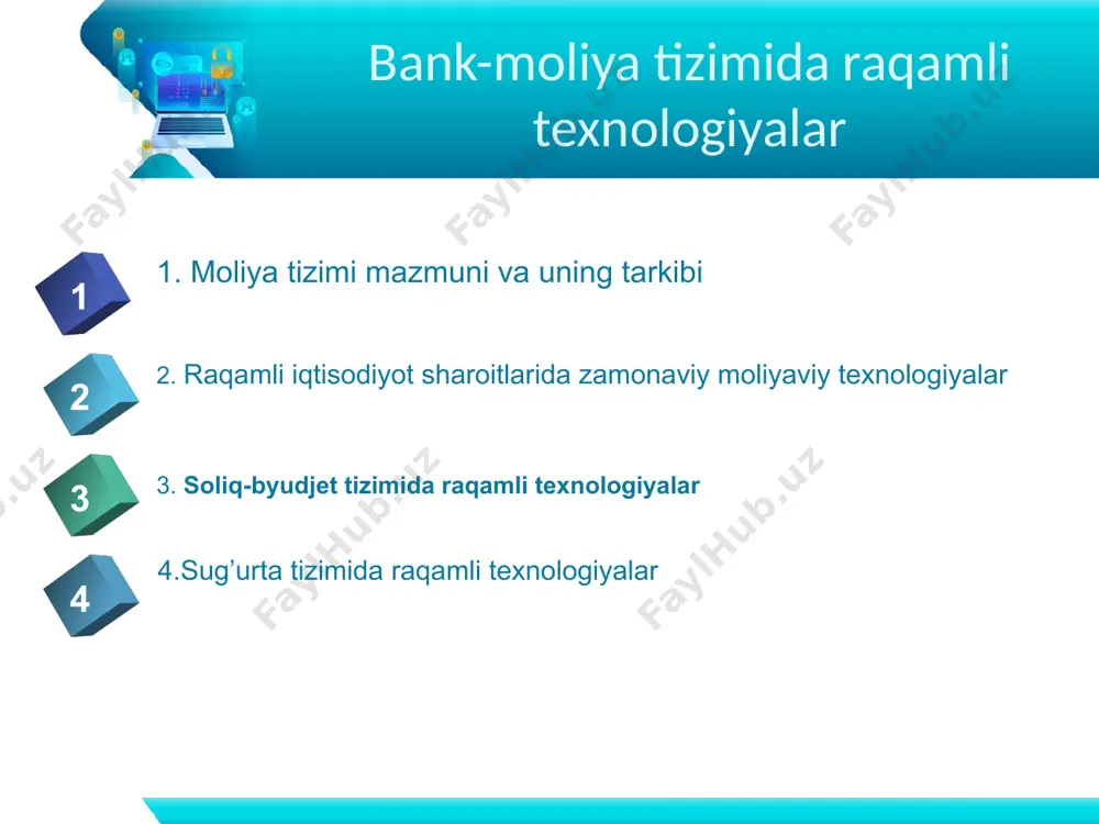 xnologiyalar uskunalarga maxsus dasturlar urnatmasdan ma’lumotlardan dunyoning turli nuqtalarida foydalanish imkonini beradi. yirik ma’lumotlar esa mijozlarga turli ma’lumotlarning tahlili asosida shaxsiy xizmatlar taklif etilishi imkonini beradi. dasturiy ta’minot interfeysi api (application programming interface) ushbu dasturiy ta’minot ilovalari mijozlarga ayrim turdagi bank va moliya operatsiyalarini amalga oshirishni soddalashtirish, uning muddatini qisqartirish imkonini beradi. raqamli iqtisodiyotda moliyaviy texnologiyalar turli ilovalardan foydalanish imkonini beruvchi ijtimoiy media va mobil aloqa tizimi. moliyaviy muassasasining. moliyaviy muassasalari biznesining ijtimoiy tarmoq bilan integratsiyalashuvi ist’emolchilarning moliyaviy xizmatlarga bo‘lgan talabini o‘rganish imkonini berib yangi xizmatlar joriy etish uchun shart-sharoit yaratadi. raqamli iqtisodiyotda moliyaviy texnologiyalar masofadan xizmat ko‘rsatish tizimi mijozlarga taqdim etilayotgan xizmatlarning xarakteriga ko‘ra ikki turga bo‘lish mumkin: informatsion (axborot); tranzaksion (pul o’tkazmalari). informatsion banking mijozlarga moliyaviy ma’lumotlarni taqdim etishga yo‘naltirilgan bo‘lsa, tranzaksion banking moliyaviy operatsiyalarni amalga oshirishga imkoniyat yaratadi. raqamli iqtisodiyotda moliyaviy texnologiyalar banklarda raqamli texnologiyalar rivojlanishining asosiy vazifalari: bank tizimining raqamli aktivlarini shakllantirish; axborot kommunikatsiya infratuzilmasini shakllantirish …