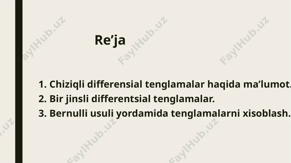 i. (2) tenglamaning ham umumiy yechimini quote ni ning funksiyasi deb, (4) ko’rinishda izlaymiz. _1738493556.unknown _1738493883.unknown _1738493555.unknown u holda (4) dan      dxxpdxxp xpxcxcy )()( )()()(''  (5) (4) va (5) ga asosan (2) tenglama )()(')()(' )()()()()()(' )()( )()()( xqxcxqxc xqxpxcxpxcxc dxxpdxxp dxxpdxxpdxxp              ò - ò = - - dx x p dx x p x p x c x c y ) ( ) ( ) ( ) ( ) ( ' ' l l ) ( ) ( ' ) ( ) ( ' ) ( ) ( ) ( ) ( ) ( ) ( ' ) ( ) ( ) ( ) ( ) ( x q x c x q x c x q x p x c x p x c x c dx x p dx …