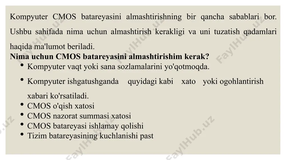 ani chiqarib oling va uni chakana savdo nuqtasiga olib boring. aksariyat kompyuterlar uchun batareyaning modeli cr2032 dir . batareyani olib tashlash agar kompyuteringiz tangali batareyadan foydalansa, batareyani olib tashlash nisbatan oson. barmoqlaringiz bilan batareyaning chetidan ushlang va uni joyida ushlab turgan holda rozetkadan yuqoriga torting va chiqarib oling. ba'zi anakartlarda batareyani ushlab turadigan klip mavjud. agar kompyuteringizning anakartida ushbu klip bo'lsa,siz bir qo'lingiz bilan qisqichni yuqoriga, ikkinchi qo'lingiz bilan batareyani chiqarib olishingiz kerak bo'lishi mumkin afsuski, barcha cmos batareyalari olinadigan emas. ba'zi ishlab chiqaruvchilar faqat batareyani almashtirishga ruxsat berishadi. agar kompyuteringizda tanga batareyasi bo'lmasa, hujjatlaringizga qarang yoki qo'shimcha yordam olish uchun kompyuter ishlab chiqaruvchisiga murojaat qiling . agar kompyuteringizning anakarti olinadigan batareyaga ega bo'lmasa, yangi batareyani o'rnatish uchun anakartga jumper o'rnatishingiz kerak. yangi batareyani joylashtiring yangi batareyani sotib olgandan so'ng, eski batareyani chiqarib oling va uni yangi batareyaga almashtiring. ba'zi kompyuterlarda olinadigan batareya bo'lmasligi mumkin, chunki bu kompyuterlar yangi batareyani …