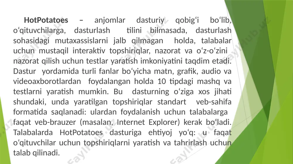 topshiriqlar). jcloze – matnning tushurib qoldirilgan qismini to‘ldirish. jmatch – mosliklar o‘rnatish (3 turdagi topshiriqlar). jcross – krossvord. jmix – ketma-ketlikni tiklash. barcha mashqlar o‘z-o‘zini nazorat qilish rejimida amalga oshiriladi (testlash rejimi faqat ko‘p tanlovli javobga ega bo‘lgan savollar uchun nazarda tutilgan). topshiriqlarning bajarilish natijasi foizlarda baholanadi. muvaffaqiyatsiz urinishlar bahoning pasayishiga olib keladi. shuningdek, dasturning ushbu talqini (versiyasi) yaratilgan vazifalarni va boshqa o‘quv materiallarini tematik bloklarga, darslarga va o‘quv kurslariga birlashtirish imkonini beruvchi the masher (tools) qo‘shimcha blokiga ham ega. jquiz dasturida to‘rt xil turdagi sinov mashqlarini tashkil qilishi mumkin: alternativ, qisqa javobni ѐzish, gibrid (qisqa javobning savoli bir necha urinishlardan so‘ng alternativ savol ko‘rinishiga keladi), multi tanlovli(bunda ta’lim oluvchi berilgan variantlardan bir nechtasini to‘g‘ri deb tanlab olishi mumkin). alternativ sinov mashqida ta’lim oluvchi javob variantlaridan birini tanlaganida quyidagi holat yuz beradi. agar javob to‘g‘ri bo‘lsa, :-) (smayl) aks holda x belgisi chiqadi. shu bilan birga ta’lim oluvchi berilgan javob …
