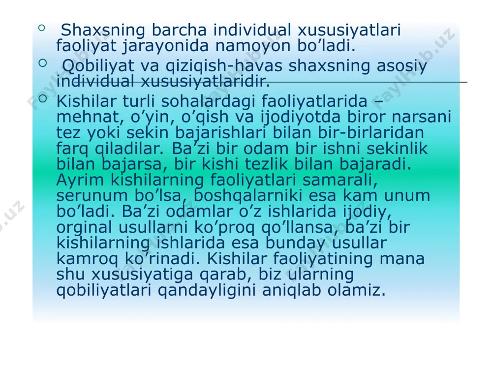 layoqatli bo’ladi, lekin, shu bilan bir qatorda, ko’pchilik faoliyatning bir necha sohasidan yoki hatto bir sohasida salohiyat ortiqroq bo’ladi. biror sohada qobiliyati sezilarliroq bo’lib ko’rinadigan ayrim kishilarni qobiliyatli kishi (umuman) qobiliyatli matematik, qobiliyatli muzikachi, konstruktir, rassom va hokazo deydilar. қобилиятлар таснифи psixologiya fanida qobiliyatlar quyidagicha tavsiflanadi: 1.tabiiy qobiliyatlar odamlar va hayvonlar uchun xos bo’lib, idrok qilish xotirada saqlash, oddiy muloqotga kirisha olish shular jumlasidandir. biologik jihatdan asoslangan bu qobiliyatlar asosini shartli reflekslar hosil bo’lish jarayoni tashkil etadi. insondagi va yuksak darajada rivojlangan hayvonlardagi bu qobiliyatlar bir-biridan farq qiladi. 2.maxsus insoniy qobiliyatlar ijtimoiy-tarixiy tabiatga ega bo’lib, ijtimoiy hayot va taraqqiyotni ta'minlaydi. maxsus insoniy qobiliyatlar o’z navbatida umumiy va xususiy qobiliyatlarga bo’linadi. 3.umumiy qobiliyatlar insonning turli faoliyatlari muvaffaqiyatini ta'minlovchi aqliy qobiliyatlar xotira va nutqning rivojlanganligi, qo’l harakatlarini aniqligi va boshqa xususiyatlardan iborat. 4. xususiy qobiliyatlar alohida olingan bir faoliyatning muvaffaqiyatini ta'minlaydi. bu qobiliyatlar alohida muloqotning bo’linishini taqozo etadi. masalan, matematika, texnika, badiiy …