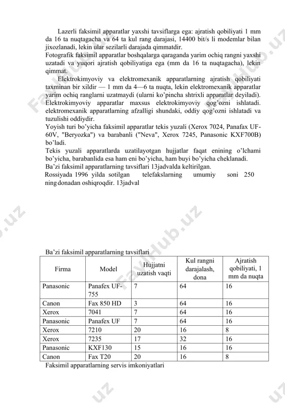 chi­qabul qiluvchi qims (odatda modem); · qabul qilingan xabarni rulonli yoki oddiy qog’oz varag’iga chop etuvchi printer. hozirgi vaqtda ishlab chiqarilayotgan faksimil apparatlar tasvirlarni ifodalash turi, yoyish turi va ajratish qobiliyati bilan farqlanadi. tasvirlarni ifodalash turi bo’yicha (ishlatilayotgan printer turi bo’yicha) faksimil apparatlar quyidagilarga bo’linadi: · termografik (xerox 7235, canon fax­t20, panasonic kx­f130b); · ingichka oqimli (panafax uf­305, panafax uf­321); · lazerli (panafax uf ­755, canon fax 850, xerox 7041); · elektrografik (panasonic kx­f 1000b, panasonic kx­f 1100b); · fotografik (neva); · elektrokimyoviy (beryozka); · elektromexanik (shtrix). ko’pchilik zamonaviy faksimil apparatlar termografik tipdagidir: ular qimmat emas va yetarli yaxshi tavsiflarga ega: ajratish qobiliyati mm da 7—10 ta nuqta, 16—32 darajali qo’l rangni uzatishi mumkin, ko’pincha 9600 bit/s li modem bilan jixozlanadi; lekin ularda vaqt o’tishi bilan sarg’ayib ketadigan maxsus qimmat turadigan termoqog’oz ishlatiladi. telefaksda termochop etishning ishlash prinsipi. uzatilayotgan hujjatdagi oq va qora nuqtalarning almashinishib turishi tug’risidagi aloqa kanali bo’yicha …