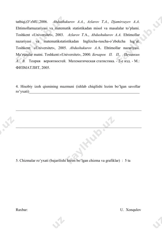 iv-uslubiy xarakterga ega bo’lgani uchun ilmiy yangilik qilinmagan. mavzuga oid bir nechta adabiyotlardan ma’lumotlarni to’plash tahlil qilish va misollarga tatbiq qilishdan iborat. kurs ishining uslubiyati. kurs ishi nazariy xarakterga ega bo’lib, olingan natijalar boshqa adabiyotlar bilan taqqoslanib mavzuga oid misollarni yechishda sodda usullar keltirilgan. i.bob limit haqidagi teoremalar ehtimollar nazariyasi rivojidagi katta qadam yakov bernulli (1654-1705) ilmiy izlanishlari bilan bog’liqdir. unga, ehtimollar nazariyasining eng muhim qonuniyati, deb hisoblanuvchi “katta sonlar qonuni” tegishlidir. ehtimollar nazariyasi rivojidagi yana bir muhim qadam de muavr (1667-1754) nomi bilan bog’liqdir. bu olim tomonidan normal qonun (yoki normal taqsimot) deb ataluvchi muhim qonuniyat mavjudligi sodda holda asoslanib berildi. keyinchalik, ma‘lum bo’ldiki, bu qonuniyat ham, ehtimollar nazariyasida muhim ro’l o’ynar ekan. bu qonuniyat mavjudligini asoslovchi teoremalar “markaziy limit teoremalar” deb ataladi. ehtimollar nazariyasi rivojlanishida katta hissa mashhur matematik laplasga (1749-1827) ham tegishlidir. u birinchi bo’lib ehtimollar nazariyasi asoslarini qat‘iy va sistematik ravishda ta‘rifladi, markaziy limit teoremasining bir …