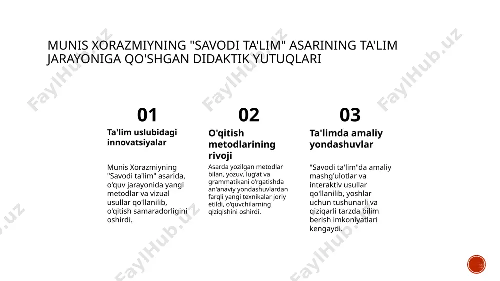 uammolar, masalan, axloqiy me'yorlarning buzilishi yoki yoshlar orasida etika tushunchalarini shakllantirishda yordam beradi. husayn vaiz kashifiyning etika falsafasining yoshlar va ta'lim tizimiga ta'siri. axloqiy qadriyatlarning shakllanishi ta'limda etika etika va yoshlar tarbiyasi husayn vaiz kashifiyning etika falsafasi yoshlar ongida axloqiy qadriyatlarni rivojlantirishda muhim rol o'ynaydi, muomala va odob-axloqni tarbiyalashga asos soladi. uning fikrlariga ko'ra, ta'lim jarayonida axloqiy qadriyatlarni o'rgatish yoshlarning shaxsiy va ijtimoiy rivojlanishini ta'minlaydi, muddatli etika qadriyatlarga asoslangan pedagogika yaratadi. kashifiyning etika falsafasi yoshlar orasida halollik, adolat va mehr-oqibatni mustahkamlashga yordam beradi, ularni insoniylik va jamiyatga mas'uliyat bilan yondashishga o'rgatadi. axloqiy qadriyatlarning tarixiy rivoji va zamonaviy axloqiy muammolarga ta'siri. 1 tarixiy rivojlanish - axloqiy qadriyatlar insoniyat tarixida dini, madaniy va ijtimoiy o'zgarishlar bilan rivojlangan. ular jamiyatning asosiy qoidalari va odob-axloq standartlarini belgilaydi. 2 zamonaviy muammolar - zamonaviy jamiyatda adolat, halollik va mas'uliyat muammolari dolzarb bo'lib, axloqiy qadriyatlarning zamonaviy talablarga moslashuvi muhim ahamiyat kasb etadi. 3 axloqiy qadriyatlar va rivojlanish …