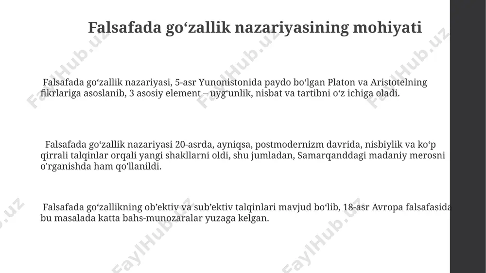 tog‘lari landshaftlari), 2) insoniyatning 5 ta tuyg‘usi orqali idrok etilgan san'at asarlari va 3) aql-idrok orqali tushunilgan matematik muvozanat va harmoniyadan iborat. falsafada go‘zallik haqidagi turli qarashlar falsafada go‘zallikni 3 asosiy shakli – klassik, romantizm va modernizm – 18-20-asrlar davomida yevropa va amerikada rivojlangan bo‘lib, har biri o‘ziga xos estetik mezonlar va qadriyatlarga ega edi. markaziy osiyo madaniyati, xususan, buxoro va samarqand shaharlarining me’morchiligi va miniatyura san’atida aks etgan go‘zallik tushunchalari, falsafada falsafa tarixining boy merosini namoyon etadi. go‘zallikning ob’ektiv va sub’ektiv talqinlari haqida bahs-munozara 2000 yildan ortiq davom etadi, platon va aristotelning qarashlari esa hali ham zamonaviy falsafiy muhokamalarda muhim rol o‘ynaydi. e'tiboringiz uchun rahmat @taqdimot_robot