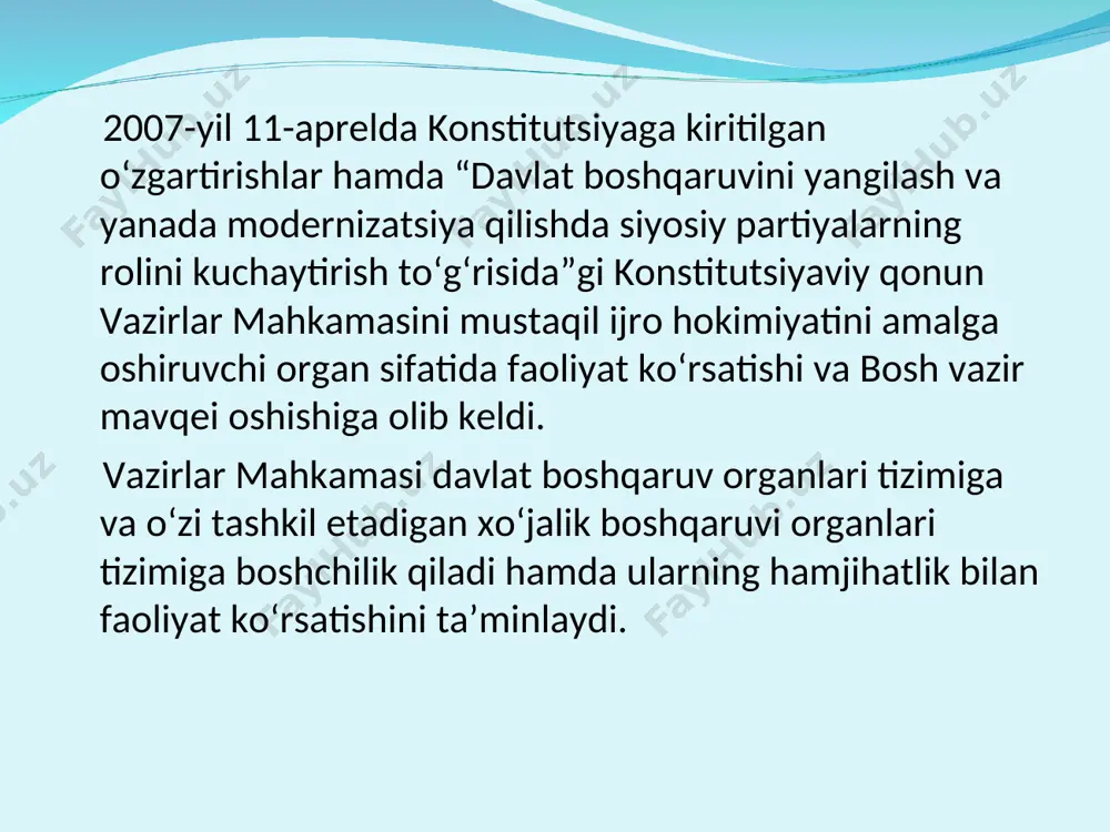 tomonidan o‘zbekiston respublikasi oliy majlisining qonunchilik palatasidagi barcha siyosiy partiyalar fraksiyalari bilan tegishli maslahatlashuvlar o‘tkazilgandan so‘ng o‘zbekiston respublikasi oliy majlisining palatalariga ko‘rib chiqish va tasdiqlashga taqdim qilish uchun taklif etiladi. oliy majlis tomonidan bosh vazir lavozimiga nomzod ikki marta rad etilgan taqdirda o‘zbekiston respublikasi prezidenti bosh vazir vazifasini bajaruvchini tayinlaydi va o‘zbekiston respublikasi oliy majlisini tarqatib yuboradi. bosh vazir lavozimiga nomzodni rad etish konstitutsiyaga kiritilgan bu qo‘shimcha va o‘zgartirishlarning mazmunidan quyidagilar kelib chiqadi: bosh vazir nomzodi eng avvalo saylovlarda g‘olib chiqqan (ko‘p deputatlik o‘rnini olgan) siyosiy partiyaga yoki teng miqdorda o‘rinlar olgan siyosiy partiyalar tomonidan tanlanib, prezidentga oliy majlisga taqdim etish uchun tavsiya qilinadi; prezident oliy majlisga siyosiy partiya yoki siyosiy partiyalar tomonidan tavsiya qilingan nomzodlarni ko‘rib chiqish va tasdiqlash uchun o‘n kunlik muddatda taqdim etadi; oliy majlis qonunchilik palatasi va bosh vazir o‘rtasida ziddiyatlar doimiy tus olganda, bosh vazirga nisbatan belgilangan tartibda ishonchsizlik bildirish orqali vazirlar mahkamasini qayta shakllantirish …