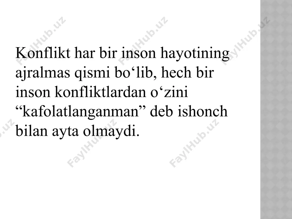 gan. bu odamlardagi o‘ziga xos psixik tushuncha bo‘lib, konfliktni kelib chiqishida konfliktogenlar muhim rol o‘ynaydi. konfliktogen – konfliktga bo‘lgan layoqatni anglatadi, ya’ni ziddiyatga moyillikdir. konfliktogenning mazmuni shuki, biz o‘zimiz gapirayotgan gapga u qadar e’tibor qaratmaymiz, ammo boshqa gaplarga shu qadar e’tibor beramizki, unga jiddiyroq tus berishga xarakat qilamiz. konfliktga olib kelishi mumkin bo‘lgan so‘zlar, amallar yoki harakatlar konfliktogen deb ataladi. konfliktli vaziyatlarning kelib chiqishida biz bilishimiz zarur bo‘lgan narsa shuki, konfliktlarning kelib chiqishida “konfliktogen”lar juda muhim rol o‘ynaydi. konfliktogen – konfliktga imkon beruvchi, konflikt uchun sharoit yaratuvchi sifatida tarjima qilinadi. konfliktogenlarni mazmun-mohiyatiga ko‘ra quyidagi shakllardan biriga kiritishimiz mumkin: barchadan ustun bo‘lishga intilish. tajovuzkorlikni namoyon qilish. xudbinlikni (egoizm) namoyon qilish. konfliktogenlar yuzaga kelmasligi uchun: konfliktogenlarning o‘zingiz va atrofdagilar yuragida yig‘ilishiga yo‘l qo‘ymaslik; konfliktogenlar vujudga kela boshlaganda esa, ulardan o‘z fikri va ongini ozod qilish yo‘llarini qidirish; o‘zimizda vujudga kelishi mumkin bo‘lgan konfliktogenlar boshqalar ko‘nglida ham yuzaga kelishi mumkinligini nazarga olishimiz darkor. …