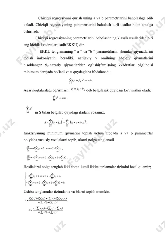 ing minimum qiymatini topish uchun ifodada a va b parametrlar bo’yicha xususiy xosilalarni topib, ularni nolga tenglanadi. hosilalarni nolga tenglab ikki noma’lumli ikkita tenlamalar tizimini hosil qilamiz; ushbu tenglamalar tizimdan a va blarni topish mumkin. topilgan parametrlarni mos ravishda va deb belgilaymiz. shu va qiymatlarda shart bajariladi. 3. .oilalarning yillik daromadi va iste'mol qilingan qand mahsulotlari haqida quyidagi ma'lumotlar berilgan: oilalarning yillik daromadi mln. so’m 470 гача 470-500 500-530 530-560 560-590 590-620 620-650 650 ва ундан юқори qand mahsulotlari iste’moli kg 24 29 35 42 46 45 42 43 bu ma'lumotlar asosida quyidagilarni aniqlang: 1) regressiya tenglamasi parametirlari,. 2) korrelatsiya indeksi. dastavval jadval tuzib olamiz: y x yx x2 y2 1 455 24 10920 576 207025 2 485 29 14065 841 235225 3 515 35 18025 1225 265225 4 545 42 22890 1764 297025 5 575 46 26450 2116 330625 6 605 45 27225 2025 366025 7 635 42 26670 …