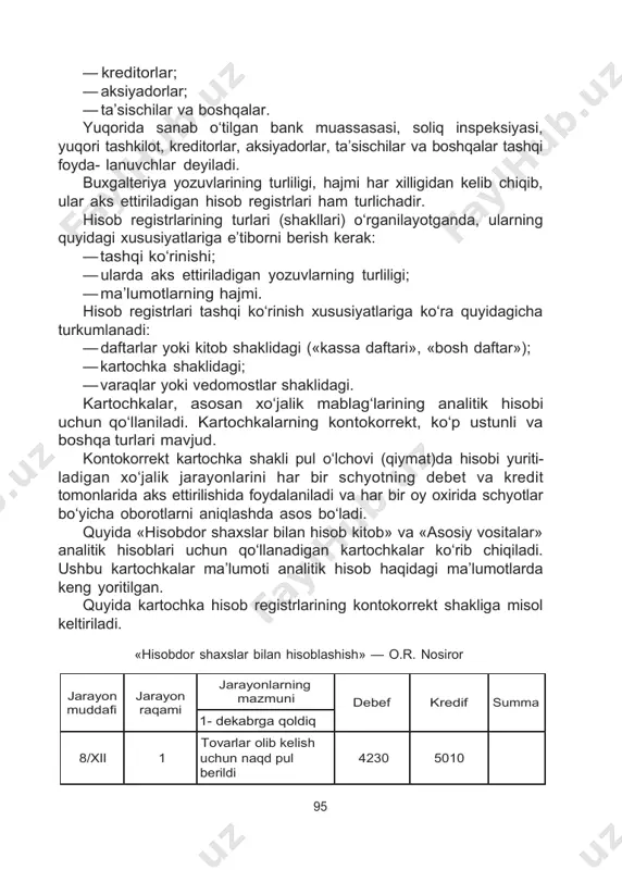 nk muassasasi, soliq inspeksiyasi, yuqori tashkilot, kreditorlar, aksiyadorlar, ta’sischilar va boshqalar tashqi foyda- lanuvchlar deyiladi. buxgalteriya yozuvlarining turliligi, hajmi har xilligidan kelib chiqib, ular aks ettiriladigan hisob registrlari ham turlichadir. hisob registrlarining turlari (shakllari) o‘rganilayotganda, ularning quyidagi xususiyatlariga e’tiborni berish kerak: · tashqi ko‘rinishi; · ularda aks ettiriladigan yozuvlarning turliligi; · ma’lumotlarning hajmi. hisob registrlari tashqi ko‘rinish xususiyatlariga ko‘ra quyidagicha turkumlanadi: · daftarlar yoki kitob shaklidagi («kassa daftari», «bosh daftar»); · kartochka shaklidagi; · varaqlar yoki vedomostlar shaklidagi. kartochkalar, asosan xo‘jalik mablag‘larining analitik hisobi uchun qo‘llaniladi. kartochkalarning kontokorrekt, ko‘p ustunli va boshqa turlari mavjud. kontokorrekt kartochka shakli pul o‘lchovi (qiymat)da hisobi yuriti- ladigan xo‘jalik jarayonlarini har bir schyotning debet va kredit tomonlarida aks ettirilishida foydalaniladi va har bir oy oxirida schyotlar bo‘yicha oborotlarni aniqlashda asos bo‘ladi. quyida «hisobdor shaxslar bilan hisob kitob» va «asosiy vositalar» analitik hisoblari uchun qo‘llanadigan kartochkalar ko‘rib chiqiladi. ushbu kartochkalar ma’lumoti analitik hisob haqidagi ma’lumotlarda keng …