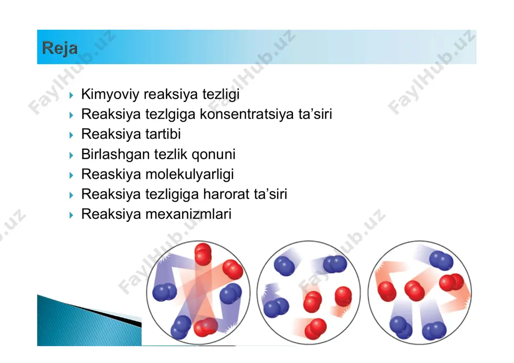 yidagi reaksiya uchun:  oniy tezlik quyidagiga teng:  reakisya tezligini biror vaqtda reakisya tenglamasiga qarab oldindan aytish mumkin emas!  biror reaksiya tezligini aniqlash uchun tajribadan foydalaniladi. bunda biror vaqtdagi d.m. yoki r.m. konsentratsiyasi o’lchanadi.   reakisya kinetikasini eng keng tarqalgan yo’li bu spektroskopiya hisoblanadi.  masalan, yuqoridagi reaksiyada i2 binafsha rangli , h2 va hi rangsiz. reaksiya boshlanishi bilan binafsha rang yo’qola boshlaydi.  yorug’lik tezligi juda te bo’lganliidan, spektroskopiya yordamida femtosekund vaqt orlaig’idagi reaksiyalarni ham o’rganish mumkin.   shuningdek, reakisya tezligi boshqa usullar, polyarimetriya (optik faol moddalar uchun), gaz xromatografiya (gazlar uchun), mass-spektrometriya va titrlash usullari bilan ham aniqlanishi mumkin.  ba’zi reaksiyalar sezilarli sekin sodir bo’ladi.  bunday reaksiya davomida reaksion idishdan davriy ravishda namuna-alikvot olib, tahlil qilish mumkin.  olingan alikvotlar tarkibiga qarab vaqt bo’yicha reaksiya tezligi baholanadi.  gaz xromatograf  kimyoviy reaksiya tezligiga quyidagi omillar ta’sir qiladi:  1) konsentratsiya  …