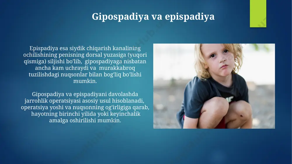 ratatsiya va noto'g'ri ovqatlanish natijasida hosil bo'ladi. buyrak gigantizmi buyrak gigantizmining sabablari genetik mutatsiyalar va boshqa rivojlanish anomaliyalari bilan bog'liq bo'lib, klinik ko'rinishlari o'zgaruvchan bo'lib, bemorlarda siydik yo'llarining obstruksiyasi yoki yuqumli kasalliklar mavjud bo'lishi mumkin. buyrak gigantizmi, odatda tug'ilishdan oldin rivojlanadigan noyob holat bo'lib, buyrak hajmining 2 barobar yoki undan ko'p kattalashishi bilan tavsiflanadi va taxminan 100 000 tug'ilishda 1 holatda uchraydi. siydik pufagi divertikulasi siydik pufagi divertikulasi bolalarda siydikni toʻliq bo'shatilmasligiga, qoldiq siydikning ko'payishiga va takroriy siydik yo'li infektsiyalariga (uti) olib kelishi mumkin, bu esa buyrak shikastlanishiga olib kelishi mumkin. divertikul kattaligi 1 sm dan bir necha santimetrgacha oʻzgarib turishi mumkin va ularning koʻpligi (multiple divertikulalar) ham uchraydi, bu esa diagnostika va davolashni murakkablashtirishi mumkin. poli-kistik buyrak kasalligi pkbk ning ogʻir shakllari homiladorlikning ikkinchi trimestrida ultratovush tekshiruvi orqali aniqlanishi mumkin, bu erda buyraklarning kattalashishi va koʻplab kistalar aniqlanadi. poli-kistik buyrak kasalligi (pkbk) bilan tugʻilgan chaqaloqlarning taxminan 10 foizida buyrak …