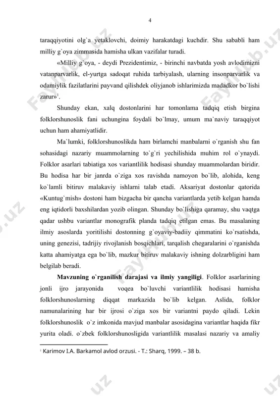 ri alohida-alohida, har bir variant misolida, qiyosiy tahlil orqali o`rganib chiqildi; - ilmiy va adabiy jamoatchilik tomonidan tan olinib, e`tirof qilingan ergash shoir variantidagi badiiy jihatdan yuksak darajada kuylangan asosiy o`rinlarni bekmurod baxshi variantiga solishtirish orqali har ikki ijodkor baxshining epik an`ana doirasidagi individual mahoratlari faktlar misolida ko`rsatildi. bitiruv malakaviy ishning maqsad va vazifalari. bitiruv malakaviy ishning asosiy maqsadi «kuntug`mish» dostonining mavjud variantlari orasidan g`oyaviy-badiiy jihatdan yuksak namunalarini aniqlash, saralangan variantlarni o`zaro qiyosiy o`rganish barobarida doston sujeti, asosiy obrazlari va yetakchi motivlar talqinida yuz bergan o`zgarishlar sabablarini ko`rsatish, har bir variant badiiyatidagi o`ziga xosliklarni ochib berishdan iborat. ana shu maqsadni amalga oshirish uchun bitiruv malakaviy ishimizning oldida quyidagi vazifalar turadi: - «kuntug`mish» dostonining tarqalish hududlari, bu tarqalishning obyektiv va subyektiv sabablarini ko`rsatish; - dostonning mavjud variantlarini o`rganib, qiyosiy tavsif etish asosida mukammal namunalarni aniqlash; - mukammal variantlardagi sujet, yetakchi motivlar va asosiy obrazlarni qiyosiy tadqiq qilish va ularga xos jihatlarni …