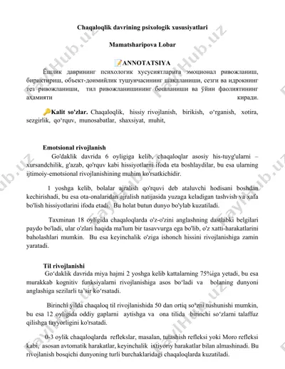 chaqaloqlik davrining psixologik xususiyatlari — DOCX
