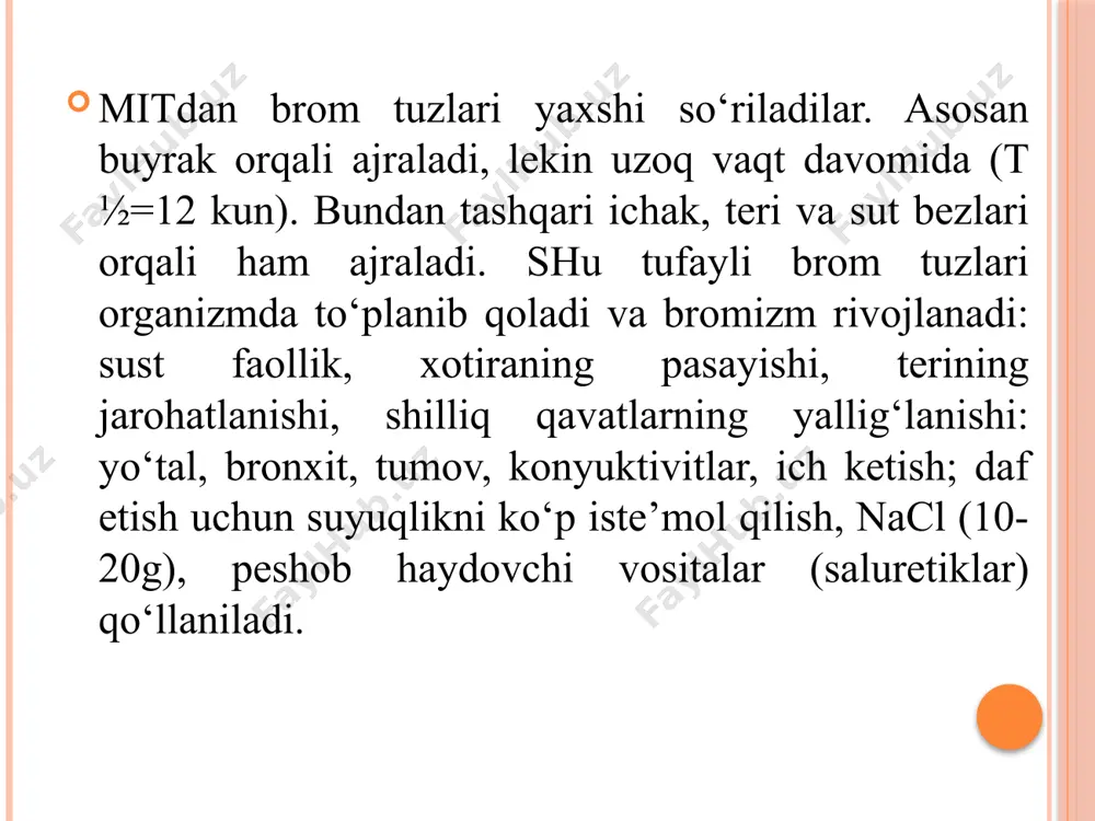 m zaxar. parenteral qo‘llanganda anterograd amneziya rivojlanadi. reanimatsiya anjomlari bo‘lmagan sharoitda parenteral ko‘llash mumkin emas. midazolam ko‘rsatmalar: - premedikatsiya, - kirish va kombinatsiyalangan narkoz uchun. xomilador, emizuvchi ayollarda, keksalarda, surunkali o‘pka, buyrak va jigar etishmovchiligida qo‘llash mumkin emas. noxush ta’siri: qon bosimini tushishi, taxikardiya, apnoe, nafas buzilishi. davomli ko‘llansa abstenensiya simptomi rivojlanadi. amizil difenilmetan hosilasi. markaziy m-xolinolitiklar guruhiga kiradi. ko‘p qirrali farmakologik ta’sirga ega: mo‘tadil spazmolitik, gistamin va serotoninga qarshi, maxalliy anestetik xossasi bor. amizilning mnsga ta’siri antixolinesteraz moddalarining va xolinomimetiklarning zaharli va tirishish chaqiruvchi xususiyatlarini kamaytirishda, tinchlantiruvchi, uxlatuvchi va analgetik vositalarning ta’sirini kuchaytirishda namoyon bo‘ladi. yo‘talni qoldiradi. adashgan nervni qamal qiladi. (qorachig‘ni kengaytiradi, taxikardiya, silliq mushaklar bo‘shashadi). anksiolitik xossasi astenik va nevrotik reaksiyali bemorlarni davolashda qo‘l keladi. parkinsonizmda samarador. mitdan yaxshi so‘riladi, bir necha soat ta’sir etadi, buyrak orqali ajraladi. noxush ta’sirlari atropinsimon xossasi bilan bog‘liq. glaukomada ishlatish mumkin emas litiy tuzlari maniya-vasvasa, telbalik va vajohat qo‘zg‘alishi bilan kechadigan …