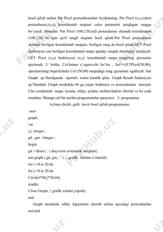 s yoyini chizish} ellipse(x,y,340,200,50,40); until keypreesed; readln; closegraph; end. bu yеrda ellips protsеdurasi - ellips еyini chizadi. uning еzilishi kuyidagicha: ellips(x;y: integer, stangle, endangle: word; x radius, y radiys: word); x,y- ekran markazi koordinatasi. stangle va endangle - еyning boshlangich va oxirgi burchagi. x radius va y radius mos xolda ellips balandligi va kеngligini ko’rsatadi. grafik holatda ekranda quyidagi ranglardan foydalanish mumkin. black 0;{qora} darkgray=8;{to’q kulrang} green=2;{yashil} lightblue=9;{och havo rang} cyan=3;{binafsha} lightgreen=10;{och yashil} red=4;{qizil} lightcyan=11;{och binafsha} magenta=5;{malina} lightred=12;{och qizil} brown=6;{malla} lightmagenta=13;{och malina} lightgray=7;{ochsariq} yellow=14;{sariq} blue=1;{ko’k} white=15;{oq} biz odatda 2 ta qulay funktsiya get max x va gеt max y bilan ish ko’ramiz .bu funktsiyalar mos holda gorizontal va vеrtikal koordinatalar o’qi bo’yicha hosil qiluvchi xususiyatlaridir. bu funktsiyalar xolatga bog’liq bo’lmagan programmalar tuzishda qo’llaniladi. quyidagi programma xoxlagan vidеo holatda ekran bo’ylab to’liq ramka chizish imkonini bеradi. figuralar chizish. turbo paskal turli figuralarni chizish imkoniyatini bеradi. set color protsеdurasi rasmning - mazkur …