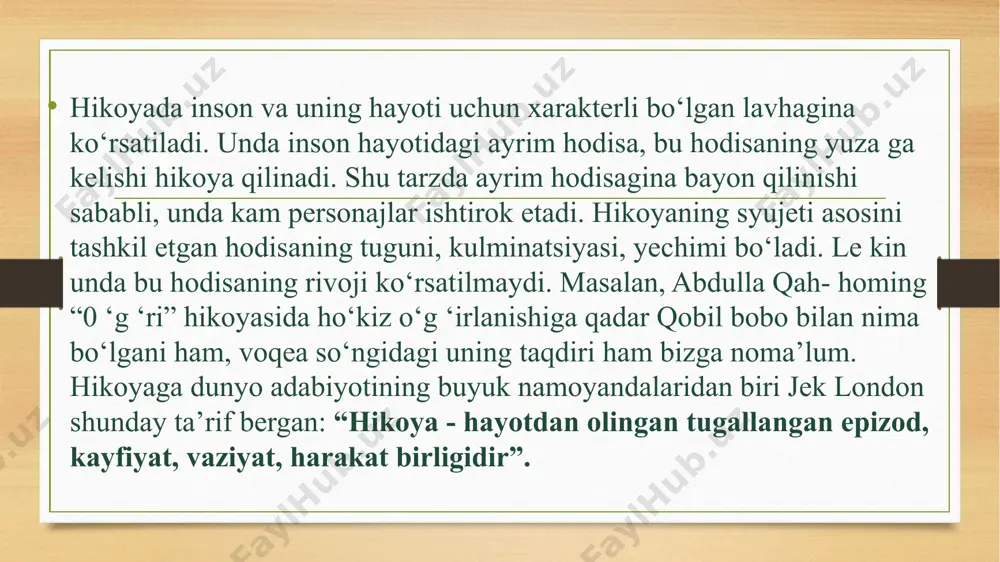 r bir dialogda turli tonlar, balandlik va pastlikda o'qish kerak. bu, personajlarning ruhiy holatini, hissiyotlarini va fikrlarini ifodalashda muhim rol o'ynaydi. masalan, g'azablangan yoki baxtli bir personajning so'zlarini boshqa tarzda o'qish kerak. tempolar va pauzalar: pyesadagi har bir sahnada va replikada o‘qish tempi o‘zgaradi. ba’zan tezroq, ba’zan esa sekinroq o‘qish kerak bo‘ladi. pauzalar esa muhim, chunki ular o‘quvchiga ma'lum bir voqea yoki holatni yaxshiroq anglashga yordam beradi. xarakterga mos talaffuz va o‘qish uslubi: har bir personajning o‘ziga xos gapirish uslubi bo‘ladi. masalan, intellektual, asabiy yoki samimiy personajlar har biri turlicha o‘qilishi kerak. xarakterlarning shaxsiyati va muhitga mos tarzda talaffuzni tanlash juda muhim. gestlar va mimikalar: agar pyesa sahnada ijro etilayotgan bo‘lsa, o‘qish jarayonida jismoniy ifodalar (gestlar, mimikalar) ham muhim rol o‘ynaydi. bu harakatlar ifodali o‘qishga yordam beradi va tomoshabinning qahramonlarga ko‘proq yaqinlashishiga imkon yaratadi. konflikt va dramatizm: pyesada dramatik momentlar va konfliktlarni to‘g‘ri ifodalash juda muhim. bunda ovozning kuchayishi yoki …