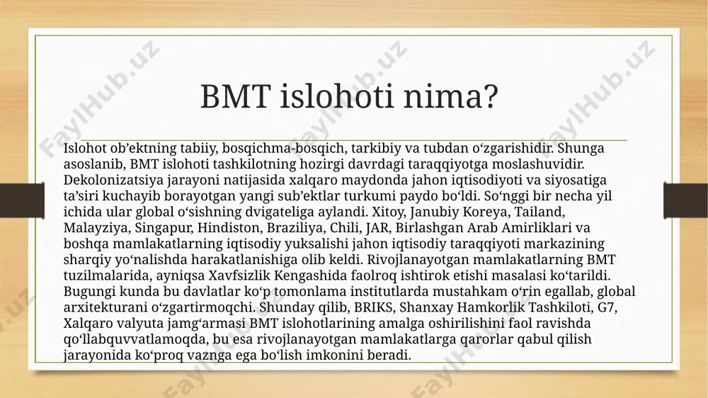 tutlarda mustahkam o‘rin egallab, global arxitekturani o‘zgartirmoqchi. shunday qilib, briks, shanxay hamkorlik tashkiloti, g7, xalqaro valyuta jamg‘armasi bmt islohotlarining amalga oshirilishini faol ravishda qo‘llabquvvatlamoqda, bu esa rivojlanayotgan mamlakatlarga qarorlar qabul qilish jarayonida ko‘proq vaznga ega bo‘lish imkonini beradi. bmt islohoti nima? islohot ob’ektning tabiiy, bosqichma-bosqich, tarkibiy va tubdan o‘zgarishidir. shunga asoslanib, bmt islohoti tashkilotning hozirgi davrdagi taraqqiyotga moslashuvidir. dekolonizatsiya jarayoni natijasida xalqaro maydonda jahon iqtisodiyoti va siyosatiga ta’siri kuchayib borayotgan yangi sub’ektlar turkumi paydo bo‘ldi. so‘nggi bir necha yil ichida ular global o‘sishning dvigateliga aylandi. xitoy, janubiy koreya, tailand, malayziya, singapur, hindiston, braziliya, chili, jar, birlashgan arab amirliklari va boshqa mamlakatlarning iqtisodiy yuksalishi jahon iqtisodiy taraqqiyoti markazining sharqiy yo‘nalishda harakatlanishiga olib keldi. rivojlanayotgan mamlakatlarning bmt tuzilmalarida, ayniqsa xavfsizlik kengashida faolroq ishtirok etishi masalasi ko‘tarildi. bugungi kunda bu davlatlar ko‘p tomonlama institutlarda mustahkam o‘rin egallab, global arxitekturani o‘zgartirmoqchi. shunday qilib, briks, shanxay hamkorlik tashkiloti, g7, xalqaro valyuta jamg‘armasi bmt islohotlarining amalga …