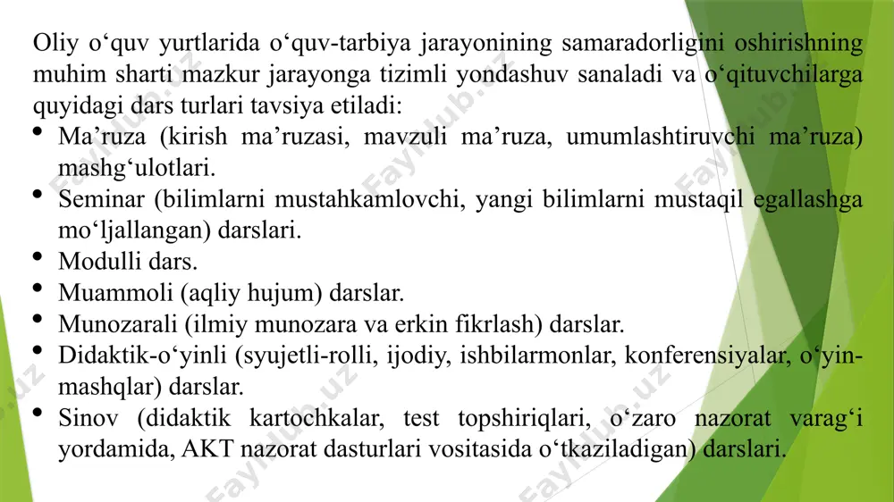 htirish ishbilar- monlar o‘yini; auksion turli obyektlarga tavsif berish, ularni taqqoslash imkoniyati bo‘lganda jamiyatdagi ijtimoiy- iqtisodiy munosabatlar asosida talabalarning dunyoqarashini kengay- tirish, kasbga yo‘llash auksionda ishtirok etish orqali yangi mavzuni o‘zlashtirish konfe- rensiya fanning turli sohalariga oid bilimlar mujassamlashgan va qo‘lga kiritilgan yutuqlarni yoritish, fanlararo bog‘lanishlarni amalga oshirish imkoniyati bo‘lganda qo‘shimcha va mahalliy materiallar bilan tanishtirish, ilmiy, ilmiy- ommabop adabiyotlar bilan mustaqil ishlash, yoshlarni mustaqil hayotga tayyorlash, kasbga yo‘llash «olimlar» maqomini olib muayyan mavzularda izlanishlar olib borish matbuot konfe-rensiyasi fanning turli sohalarini qamrab olgan, talabalarning avval o‘zlashtirgan bilimlaridan foydalanish lozim bo‘lganda qo‘shimcha va mahalliy materiallar bilan tanishtirish, darslik, ilmiy-ommabop adabiyotlar bilan mustaqil ishlash «olimlar» va muxbirlar» maqomini olib mavzuni o‘zlashtirish e’ t i b o r i n g i z u c h u n r a h m a t !!! 10 image1.png image2.jpg image3.emf image4.png image5.emf image6.png unlashgan darslar didaktik o‘yinli darslar deb ataladi. ijodiy o’yin ishbilarmon …