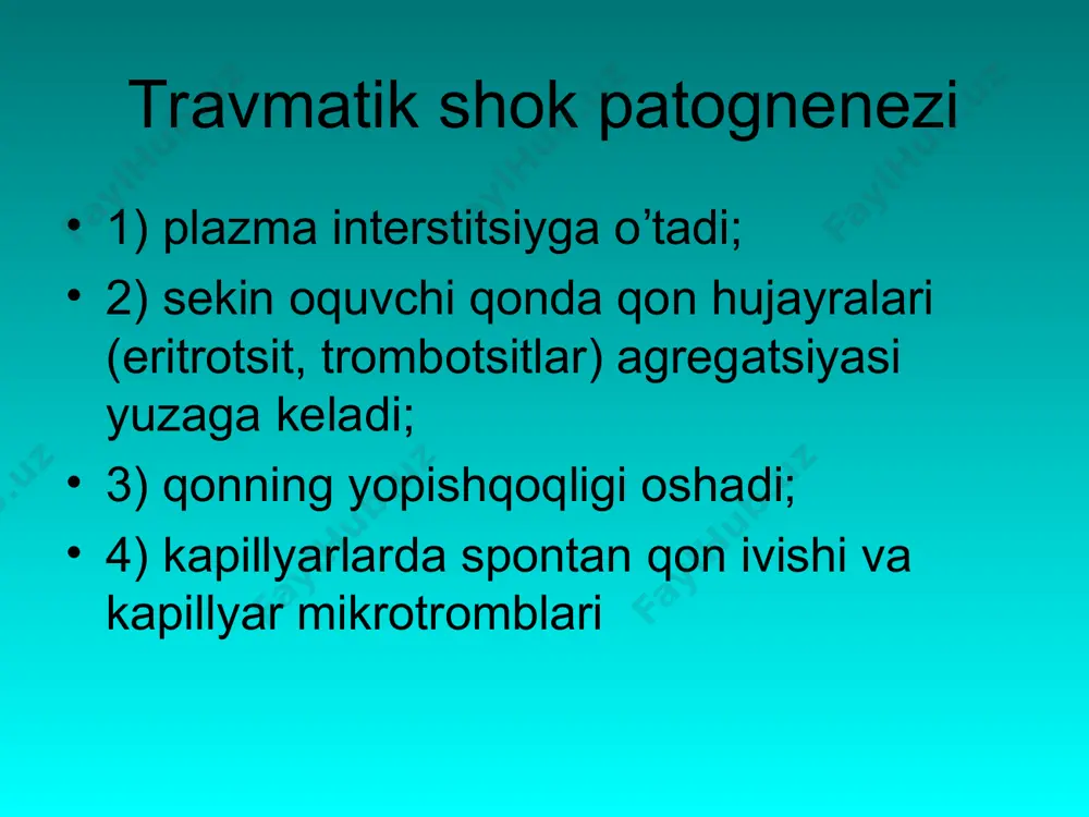 kontsentrlangan eritmalari (glyukoza 10, 15, 20%). 2. yaqqol namoyon bo’lgan metabolik atsidozda 4% -300-400 ml natriy bikabonatiyuborish. 3. gidropon balansni ushlab turish uchun: ringer eritmasi, laktasol, glyukoza 5%, kcl 7,5%, nacl 5,8% eritmalari yuborish. travmatik shokning diagnostikasi 1. shok indeksi (puls sist. aqb nisbatan) -0,5 – norma; -1,0 – shok o’rta darajada -2 va undan ortiq – og’ir darajali shok 2. ayuk aniqlash 3. svb aniqlash (normada 40-100mm.suv.ust.) 4. soatlab diurezni aniqlash (normada 25-30 ml. bir soatda) 5. qonning elektrolitlarini aniqlash. uzoq muddatli bosilish sindromi (umbs) uzoq muddatli bosilish sindromi patogenezida 3 omil asosiy rol o’ynaydi markaziy nerv sistemasida qo’zg’alish va tormozlanish jarayonlarining buzilishini yuzaga keltiruvchi og’riq hissi; shikastlangan mushaklarda parchalangan mahsulotlarning surilishi natijasida travmatik toksemiya; shikastlangan qo’l-oyoqlarning massiv shishi natijasida ikkilamchi plazma yo’qotish. umbsning klinik kechishida 3 davr farqlanadi: i davr – erta yoki gemodinamik o’zgarishlar davri (kasallikning 1-3 kuni). ii davr – oraliq (3-4 kundan 8-12 kungacha) o’tkir …