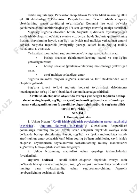 ni takomillashtirish, atrof-muhitni kuzatish, uning ifloslanish darajasini prognoz qilish, davlat ekologik nazoratini doimiy axborot bilan ta’minlash, ifloslantiruvchi manbalarning holati va atrof-muhitga ta’siri ustidan monitoringni amalga oshirish belgilandi. yuqorida aytib o‘tganimizdek, “tabiatni muhofaza qilish to‘g‘risida”gi qonunning 36-moddasida ekologiya sug‘urtasi berilgan bo‘lsa-da, qonunchiligimizda ekologik sug‘urtani qanday amalga oshirish, qaysi qonun bilan tartibga solish, uning iqtisodiy mexanizmlari ko‘rsatilmagan. mazkur bo‘shliqni to‘ldirish maqsadida “ekologik sug‘urta to‘g‘risida”gi yaxlit qonun loyihasini ishlab chiqish va qabul qilish lozim. fikrimizcha, yuqoridagi holatlarga barham berish va ekologik sug‘urta sohasini rivojlangan mamlakatlar darajasiga yetkazishning asosiy omillaridan biri xorijiy mamlakatlar tajribasidan kelib chiqqan holda ekologik sug‘urtani joriy etish va bunda davlatning tashabbuskorligidan foydalanishdir. mamlakatda ekologik sug‘urtani joriy etish uchun avvalambor uning huquqiy ta’minotini yo‘lga qo‘yish, ekologik sug‘urtani rivojlantirish maqsadida ushbu sohaga taalluqli imtiyoz va preferensiyalarni taqdim etish lozim. shunday holatda ekologik sug‘urta, uning alohida shakli sifatida ekologik tijorat sug‘urtasi bilan parallel ravishda rivojlanadi va ko‘p sonli potensial sug‘urtalanuvchilarni sug‘urtaga jalb etish …