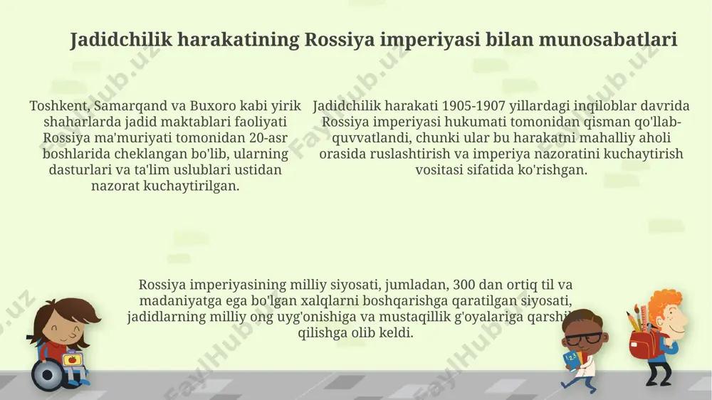 viloyatining mustaqilligi" g'oyasi atrofida birlashib, jadidchilar 1917-yildagi inqilobdan keyin 3ta muxtoriyat loyihasini ishlab chiqdilar. 1910-yillarda jadidchilarning siyosiy faoliyati rossiya imperiyasi hududidagi milliy-madaniy avtonomiya uchun kurash bilan chambarchas bog'liq bo'lgan. jadidchilar 1900-yillar boshida toshkent, samarqand va buxoroda 20 dan ortiq yangi usuldagi maktablar ochib, zamonaviy ta’limni yoyishga harakat qilishgan. jadidchilik harakatining kelib chiqishi harakatning asosiy sabablaridan biri, 1860-yillardan keyingi rus istilosidan keyin yuzaga kelgan ijtimoiy-iqtisodiy va madaniy o'zgarishlarga qarshi kurash va islohotlar o'tkazish ehtiyoji edi. jadidchilik g'oyalari, yangi usuldagi maktablar (masalan, "madrasa-i jadida") tashkil etilishi va matbaa texnologiyalarining rivojlanishi orqali 30 dan ortiq shahar va qishloqlarda tarqaldi. jadidchilik g'oyalari, yangi usuldagi maktablar (masalan, "madrasa-i jadida") tashkil etilishi va matbaa texnologiyalarining rivojlanishi orqali 30 dan ortiq shahar va qishloqlarda tarqaldi. e'tiboringiz uchun rahmat @taqdimot_robot image1.png