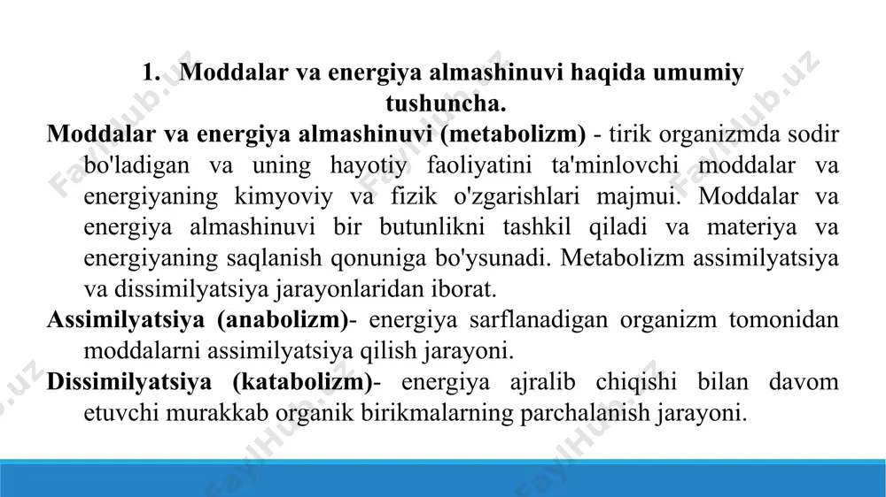 ytral yog'lar uglevodlar bilan almashtirilishi mumkin. biroq, to'yinmagan yog'li kislotalar mavjud - linolen, linolein va araxidon inson ratsionida bo'lishi kerak, chunki ular almashtirilmaydigan yog' kislotalardir. inson oziq-ovqat va to'qimalarining bir qismi bo'lgan neytral yog'lar asosan yog' kislotalarini o'z ichiga olgan triglitseridlar bilan ifodalanadi - palmitin, stearin, olein, linol va linolein. uglevodlar almashinuvi uglevodlarning inson tanasi uchun biologik roli birinchi navbatda ularning energiya funktsiyasi bilan belgilanadi. 1 g uglevodlarning energiya qiymati 16,7 kj (4,0 kkal). uglevodlar tananing barcha hujayralari uchun bevosita energiya manbai bo'lib, plastik va yordamchi funktsiyalarni bajaradi. suv-tuz almashinuvi. tanadagi barcha kimyoviy va fizik-kimyoviy jarayonlar suv muhitida amalga oshiriladi. suv organizmda quyidagi eng muhim vazifalarni bajaradi funktsiyasi: 1) oziq-ovqat va almashinuv uchun erituvchi sifatida xizmat qiladi; 2) unda erigan moddalarni uzatadi; 3) inson tanasida aloqa qiladigan yuzalar orasidagi ishqalanishni kamaytiradi; 4) yuqori issiqlik o'tkazuvchanligi, bug'lanishning yuqori issiqligi tufayli tana haroratini tartibga solishda ishtirok etadi. 3. metabolizm jarayonida hosil bo'lgan …