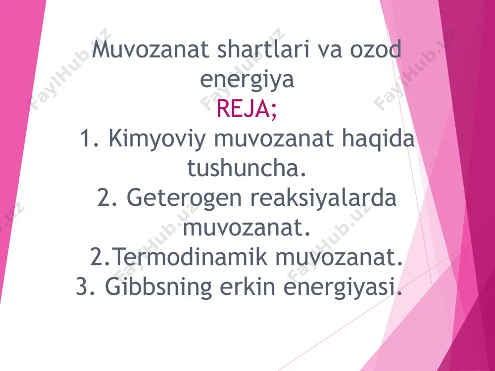 termodinamik qaytar deyish mumkin bо‘ladi. * geterogen reaksiya tushunchasi. komponentlari turli fazalarda bo’lgan reaksiyalar geterogen reaksiyalar deyiladi (suyuq va qattiq). bunday reaksiyalar kam eriydigan kuchli eletrolitlarning suvda erishi kiradi. м: са(он)2, ag va pb galogenidlari, bariy galogenidlari, bariy sulfat, ca va mg karbonatlari, ca fosfat, gidroksid va ftorapatitlar. * kam eruvchan elektrolitlarning erish jarayoni. ktnanm tarkibli tuz uchun ktnanm (қ) nktm+(с) + man-(с) (1) * erish kristallanish (cho’kish) muvozanat xolati кр bilan xarakterlanadi. кр = = кр × = = * ktm+ n  ann– m ktnanm const берилган tº да (2) кр факат tº га боғлик ktnanm ktm+ n  an n– m const (3) берилган tº да мувозанат константаси кs eruvchanlik konstantasi konstantasi (кs) - bu tuz ionlarining stexiometrik koeffitsentlari darajalari qilib olingan ko’paytmalari. * eruvchanlik (s) muvozanat paytida biz to’yingan eritmaga ega bo’lamiz, bunda kam eruvchan eletrolit ionlarining konsentratsiyasi maksimal bo’ladi. ktnanm (т) nktm+(р) + mann-(р) eruvchanlik …