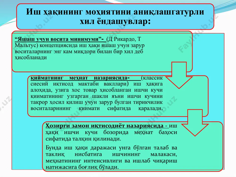белгиланган ва ундан ортиқчасига оширилган раценка бўйича иш ҳақи тўланади.  турли тоифадаги ходимлар бўйича иш ҳақи даражасини табақалаштириш тариф тизими орқали амалга оширилади.  тариф тизими тариф-малака справочникларини ва иш ҳақига ҳар хил коэффитциентларини ўз ичига олади.  тариф — малака маълумотномалари. унда айрим касб ва иш турларининг таърифи, аниқ бир ишни бажарувчиларнинг малака ва кўникмаларига қўйиладиган талаблар ҳамда уларнинг разрядлари кўрсатилади.  тариф — сеткаси. унда биринчи ва ундан кейинги разрядли ходимлар меҳнатига ҳақ тўлашнинг ўзаро нисбатини акс эттирувчи тариф коэффициентлари кўрсатилади.  иш ҳақига турли коэффициентлар. унда меҳнат қилиш шароити оғир бўлган ҳудудлар ва зарарли ишларда ишловчилар тариф ставкасига қўшимча коэффициентлар белгиланади. тариф тизими меҳнатга ҳақ тўлашнинг ягона тариф сеткаси (олдингиси) меҳнатга ҳақ тўлаш разрядлари тариф коэффициентлари вазирлар маҳкамасининг 2019 йил 18 январдаги 47-сонли қарарига асосан), 1 2,476 2847 2 2,725 2997 3 2,998 3148 4 3,297 5 3,612 6 3,941 7 4,284 8 4,640 9 4,997 …