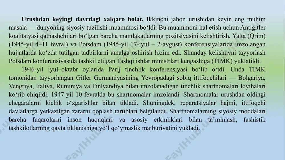 u muammolarga yondashuvi butunlay farq qilardi. shunga qaramay, xalqlar va davlatlarning obyektiv manfaatlari nuqtai nazaridan, keyinchalik "sovuq urush" deb nom olgan munosabatlar keskinlashuvi hech kim uchun foydali emas edi. yevropaning katta qismi vayron bo‘lib yotardi. ularning, xususan, shunday vayronagarchilikdan chiqqan sssrning iqtisodiyotini tiklash uchun esa tinchlik va hamkorlik zarur edi. buyuk britaniya ham, juda kuchsizlanib qolgan fransiya ham, milliy-ozodlik harakatlari kuchayib borayotganiga qaramay, avvalo mustamlaka imperiyalarini saqlab qolishga urinayotgan edi. urushdan foyda ko‘rgan va kuchaygan yagona davlat aqsh bo‘ldi. bu mamlakatning milliy daromadi 1938-yildagi 64 milliard dollardan 1944-yilda 160 milliard dollargacha o‘sdi. jahon sanoat mahsulotlarining 60 foizi, oltin zaxiralarining 80 foizi aynan aqsh hissasiga to‘g‘ri kelardi. ammo shunga qaramay, sssr bilan ziddiyatlardan aqsh ham hech qanday foyda ko‘rmasdi. harbiy buyurtmalar bekor qilingach, aqshda ishlab chiqarish pasaya boshladi va bu jarayonni faqat erkin savdo g‘oyasini to‘liq amalga oshirish orqaligina to‘xtatish mumkin edi. «sovuq urush» holatida esa bu mutlaqo imkonsiz bo‘lib qoldi. …