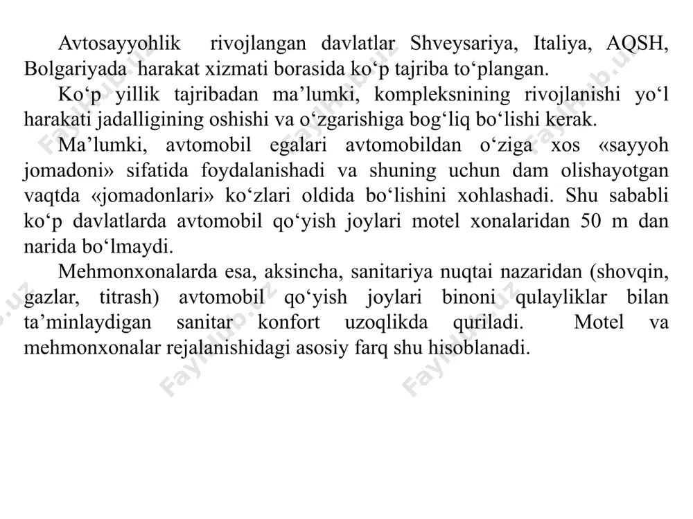 lar 6-10 g, bazan esa 12 gektargacha yerni egallaydi. angliyada kompleksdagi kirish va chiqish yo‘llari yo‘l kesishgan joylardagi burilib tushish joylari kabi loyihalashtiriladi. oxirgi yillarda bazi komplekslar oldida motellar, yengil va yuk mashinalari alohida turadigan joylar quriladigan bo‘ldi. sayyohlarning 26 foizi bolgariyaga avtomobilda keladi. respublika yo‘llarida harakat jadalligi mavsumiy, asosan yozda, o‘zgarishini ko‘rish mumkin. birinchi guruh yo‘llarining ajratib turadigan xususiyati – ular respublikadan tashqariga – yugoslaviya, gretsiya chiqadi. respublika ichidagi xalqaro magistrallarning umumiy uzunligi 7 ming kilometrni tashkil etadi. respublikadagi avtomobil yo‘llari tarmog‘ining zichligi ancha katta bo‘lib taxminan 0,27 km/km2 ni tashkil qiladi. mamlakatda yo‘llarni, xususan, magistral yo‘llarni obodonlashtirishga katta e’tibor berilayapti. bolgariya magistral atomobil yo‘llaridagi xizmat inshootlarining soni quyida ko‘rsatilgan. harakat xizmati inshootlari ayqsh txs kempinglar motellar kafe, oshxona, restoranlar 250 11 125 22 150 xalqaro magistrallardagi inshootlar soni 94 - 35 15 60 motellar orasidagi o‘rtacha masofa 120-130 km ni tashkil qiladi. turar joylar asosan bir yoki ikki …