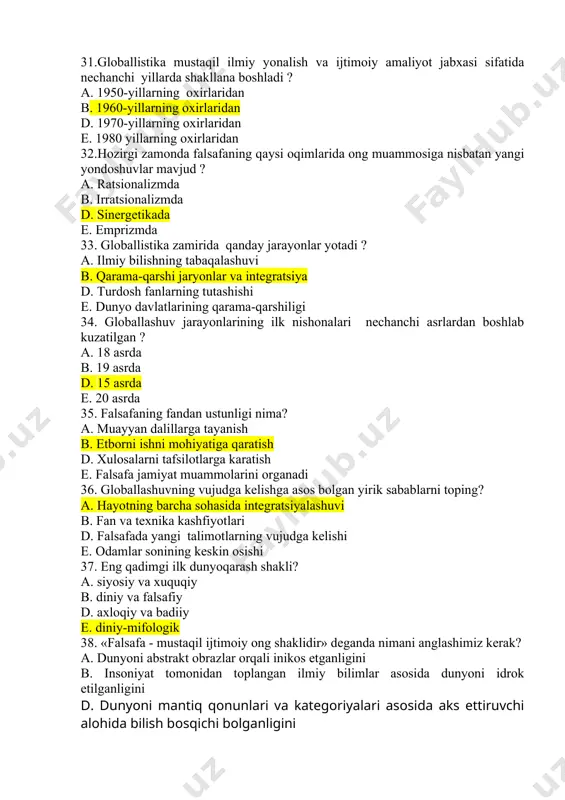 il qiladi b. g�oya tashkil qiladi d. havo tashkil qiladi e. suv tashkil qiladi 46. pifagor qanday jamiyat tarafdori bo�lgan? a. demokratiyani b. aristokratiyani d. totalitarizmni e. tiraniyani 47. apologetika so�zining lug�aviy ma�nosi? a. taqlid qilish b. himoya qilish d. inkor qilish e. tanqid qilish 48. �patristika� so�zi � a. “ota� (�padre�) so�zidan kelib chiqqan b. himoya qilish so�zidan kelib chiqqan d. aniq so�zidan kelib chiqqan e. dalillar so�zidan kelib chiqqan 49. ilk o�rta asrlarda falsafiy tafakkur rivojlanishining asosiy shakllari nimalar bo�lgan? a. apologetika va patristika bo�lgan b. patristika bo�lgan d. apologetika bo�lgan e. ilk o�rta asrlarda falsafiy tafakkur rivojlanish bosqichida o�zgarish bo�lmagan 50. «avesto»da axloqiy uchlikni ko�rsating: a. yaxshilik, ezgulik, yorug�lik b. yorug�lik, issiqlik, ziyolik d. ezgu fikr, ezgu so�z, ezgu amal e. yomonlik, yovuzlik, zulmat 51. forobiy bilishning qanday shakllarini farqlaydi? a. kundalik va hissiy b. hissiy va oqilona d. kuzatish va ekspremint e. aqliy va kuzatish 52. …
