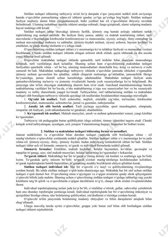 ur. sinfdan tashqari ishlarni to‘la qamrab olgan to‘garaklar bir necha xilda bo‘lishi mumkin: a) fan to‘garaklari; b) mohir qo‘llar to‘garaklari; v) duradgorlik to‘garaklari; g) sport to‘garagi; d) badiiy xavaskorlik to‘garagi. umumo‘rta ta'lim maktablarida bu ishlarni sinf rahbari va tarbiyaviy ishlar tashkilotchisi uyushtiradi. sinf rahbari to‘garak rahbarlariga yaqindan yordam beradi. qiziqishlari, intilishlari bir xil bo‘lgan o‘z o‘quvchilarini biror to‘garakka a'zo bo‘lishga chorlaydi. sinfdan va maktabdan tashqari tashkil qilingan ishlar o‘quvchilar hayotidagi tarbiyaviy faoliyatni to‘ldiradi. ularni dunyo qarashini to‘g‘ri shakllanishiga, axloqiy kamol topishiga ko‘maklashadi. nazariy bilimlarni amaliyot, ishlab chiqarish bilan chambarchas bog‘lanishiga zamin yaratadi. sinfdan va maktabdan tashqari ishlarga rahbarlik qiluvchi tashkilotchilarning vazifalari ham ko‘p qirralidir. sinfdan va maktabdan tashqari tarbiyaviy ishlar tashkilotchisining vazifalariga quyidagilar kiradi: – darsdan tashqari tarbiyaviy ishlarni rejalashtirish va amalga oshirishni nazorat qilish; – o‘quvchilarning sinfdan va maktabdan tashqari ko‘p qirrali ishlarni pedagogik jamoa, o‘quvchilar tashkilotlari sinf faollari yordamida yo‘lga qo‘yish; – sinfdan va maktabdan tashqari ishlar yo‘nalishiga …